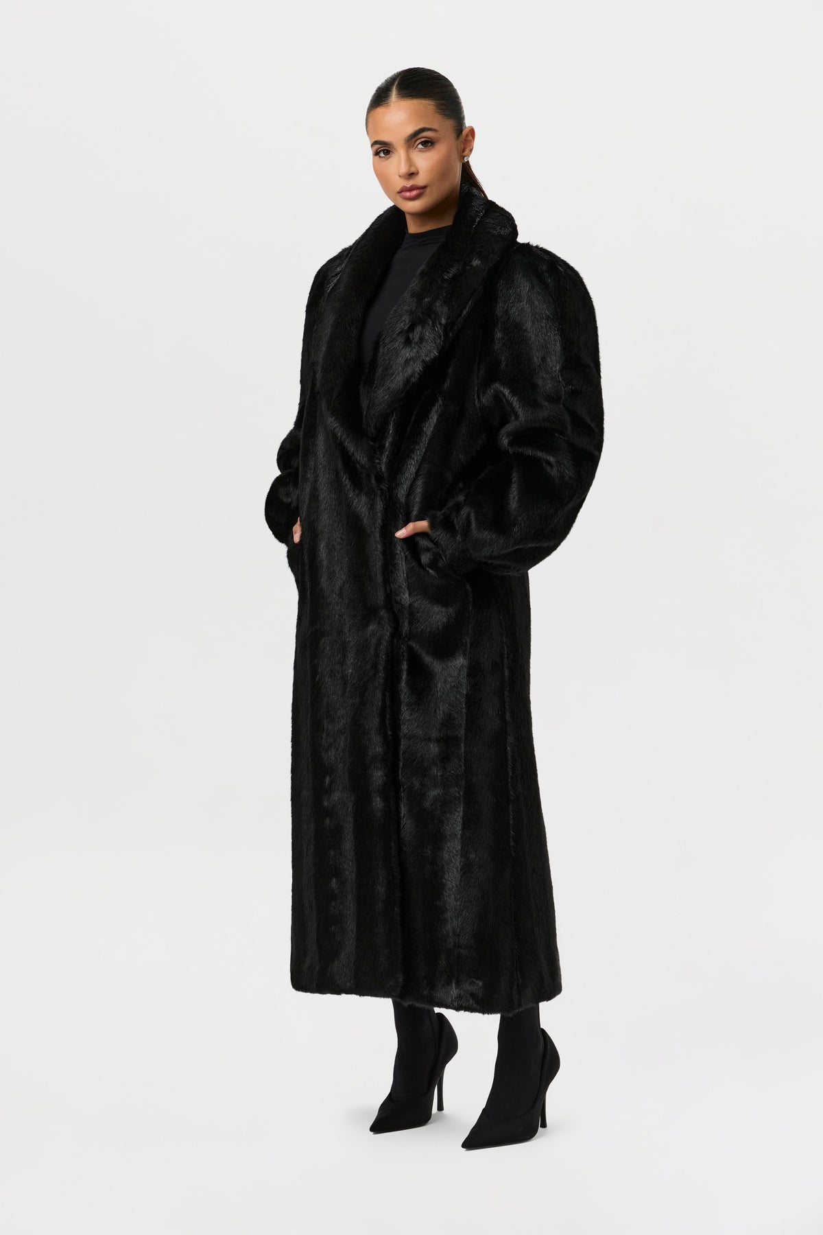 Black Faux Mink Long Coat