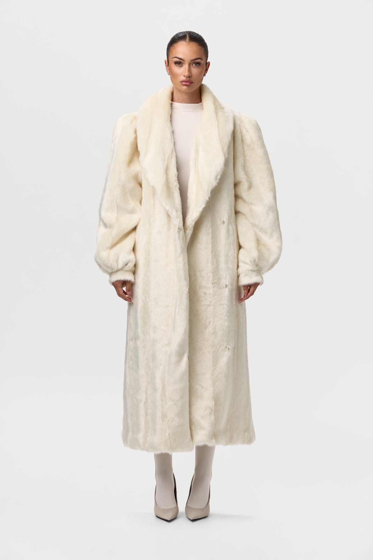 Bone Faux Mink Long Coat