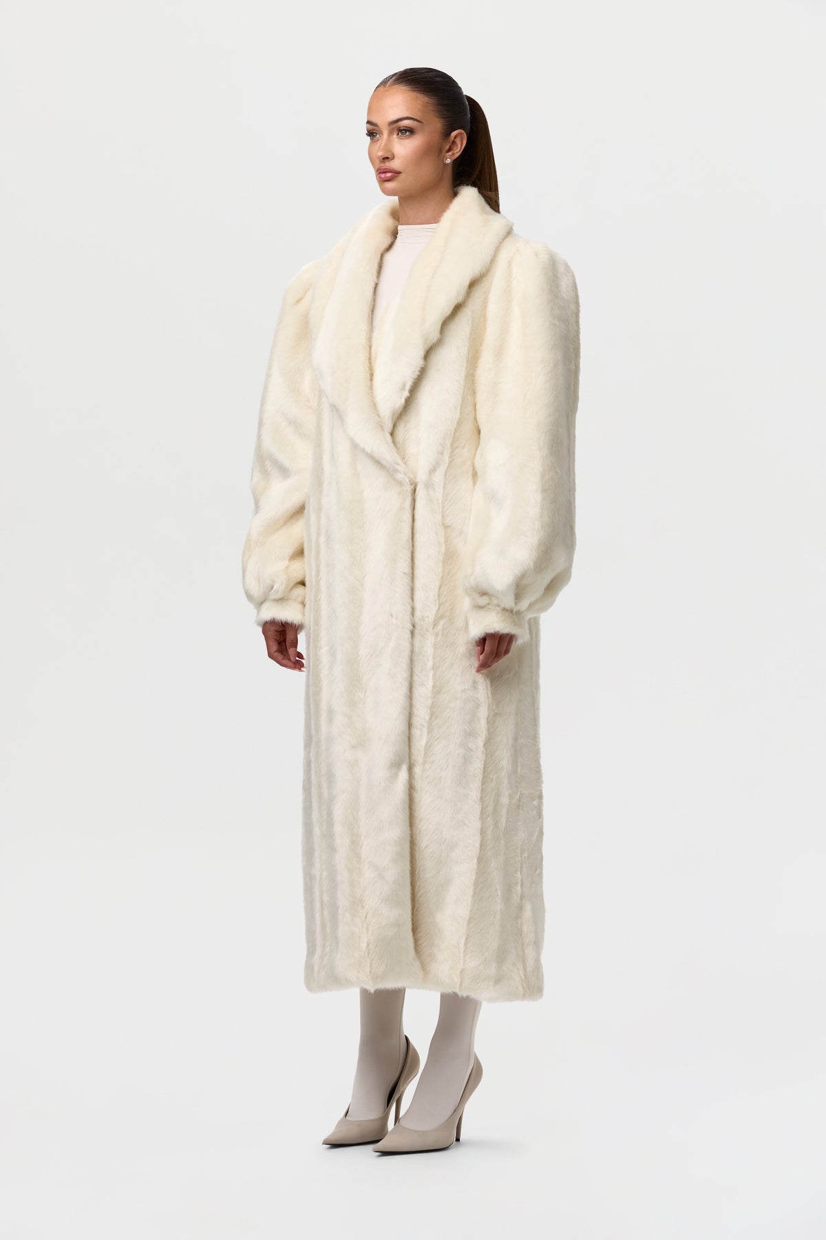 Bone Faux Mink Long Coat