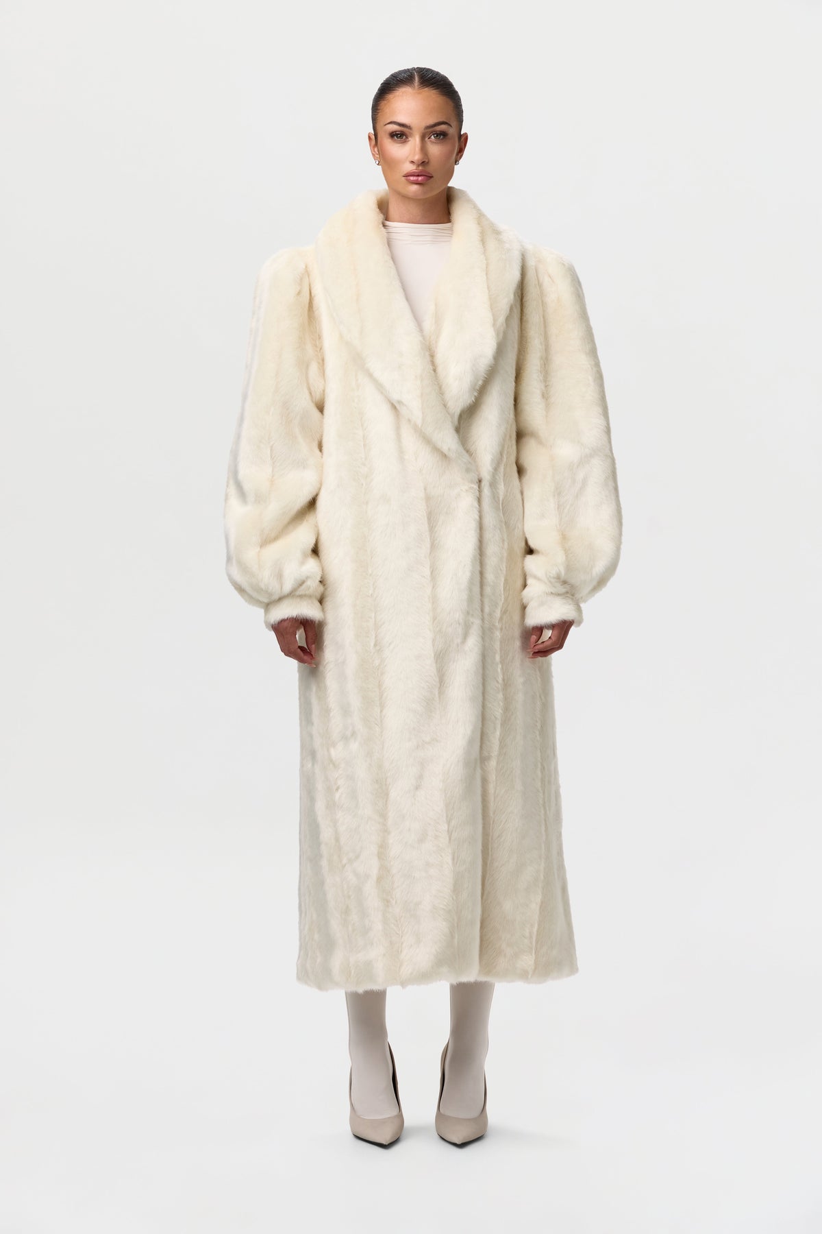 Bone Faux Mink Long Coat