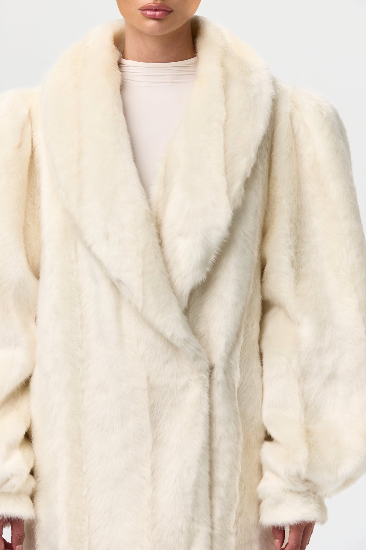 Bone Faux Mink Long Coat