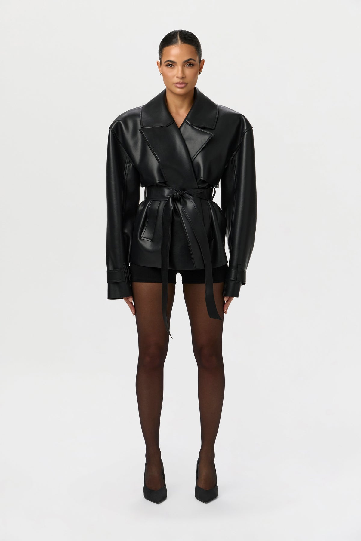 Black Vegan Leather Cropped Trench Jacket