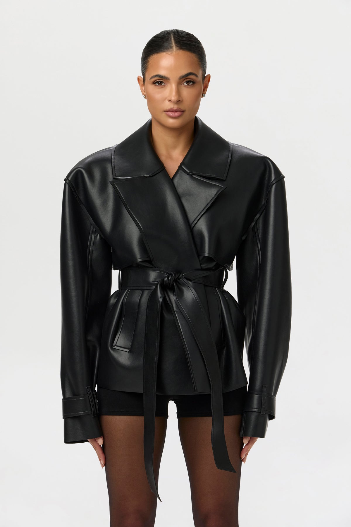 Black Vegan Leather Cropped Trench Jacket