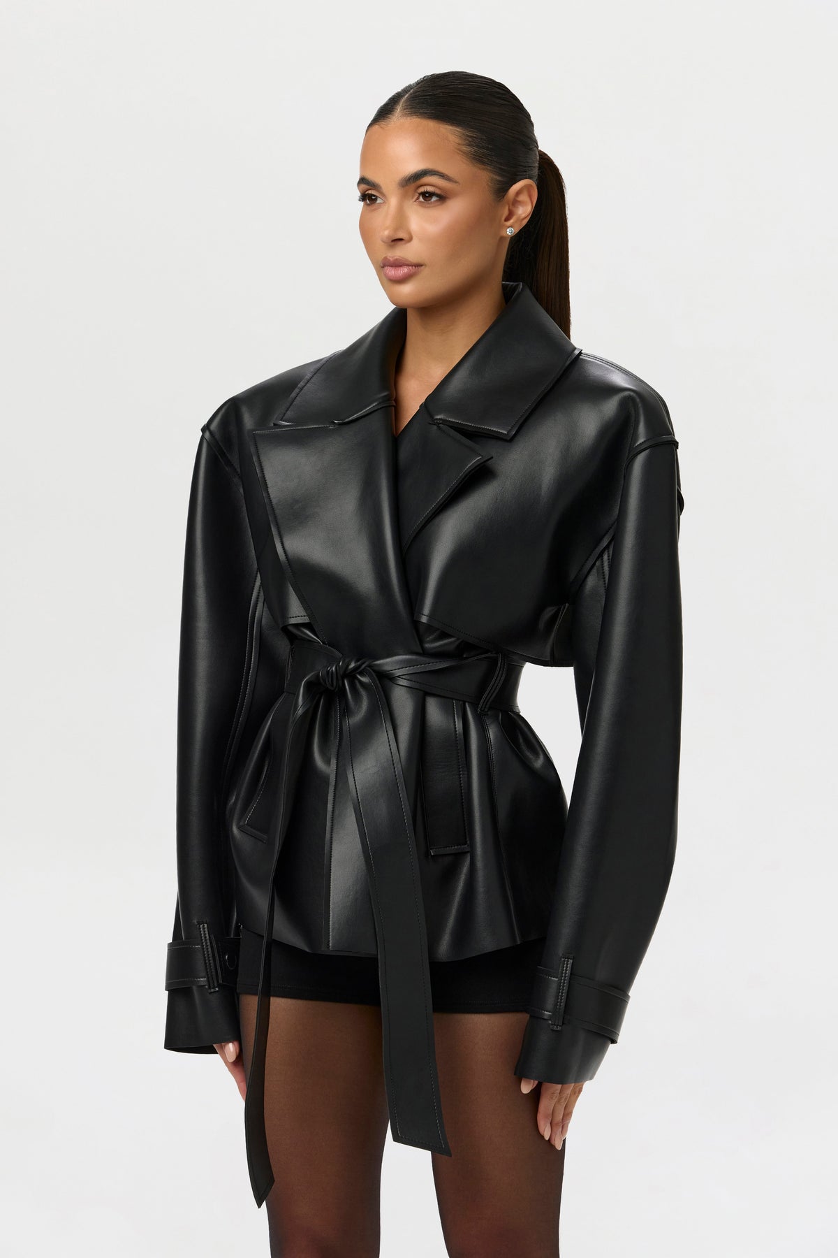Black Vegan Leather Cropped Trench Jacket