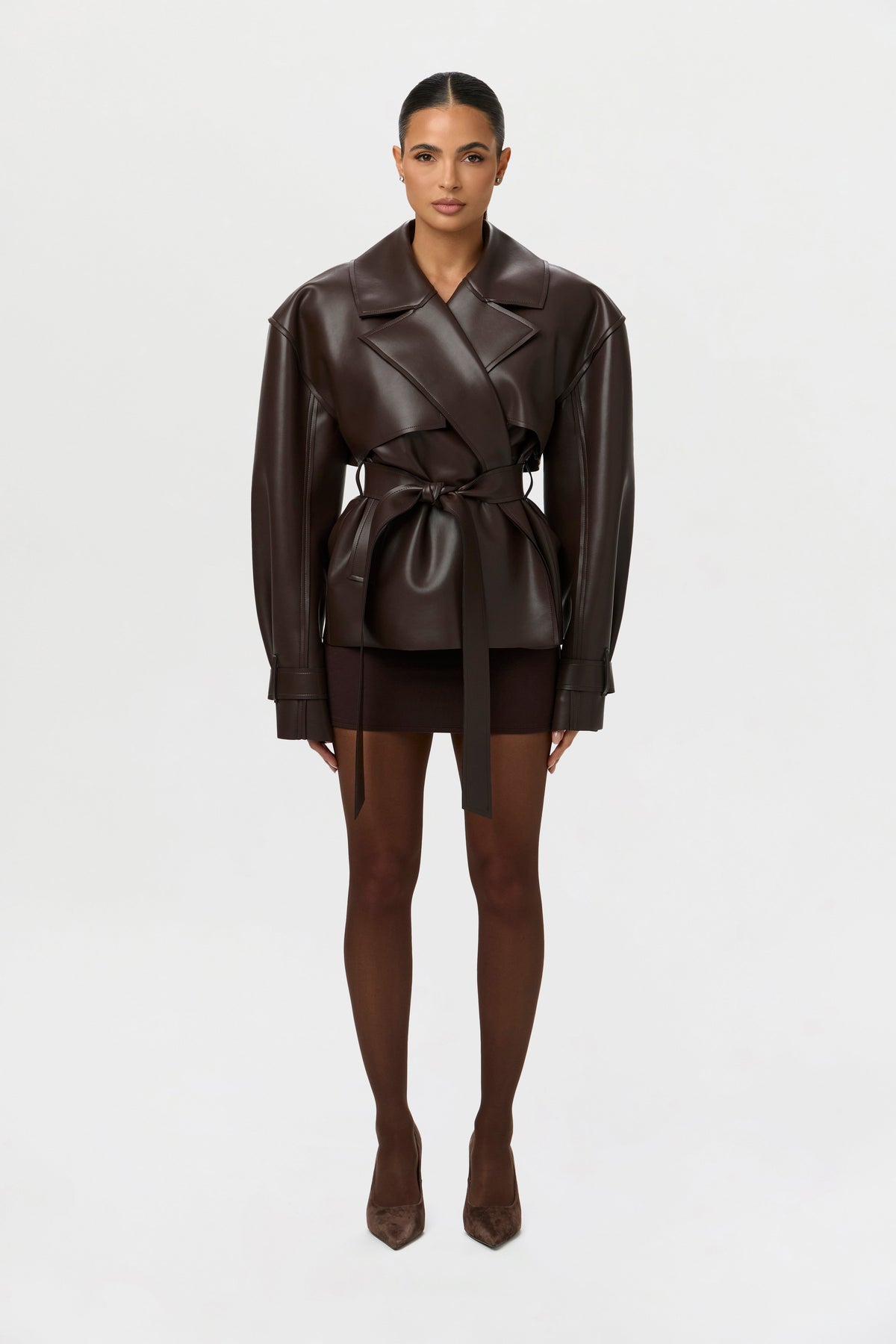 Dark Chocolate Vegan Leather Cropped Trench Jacket