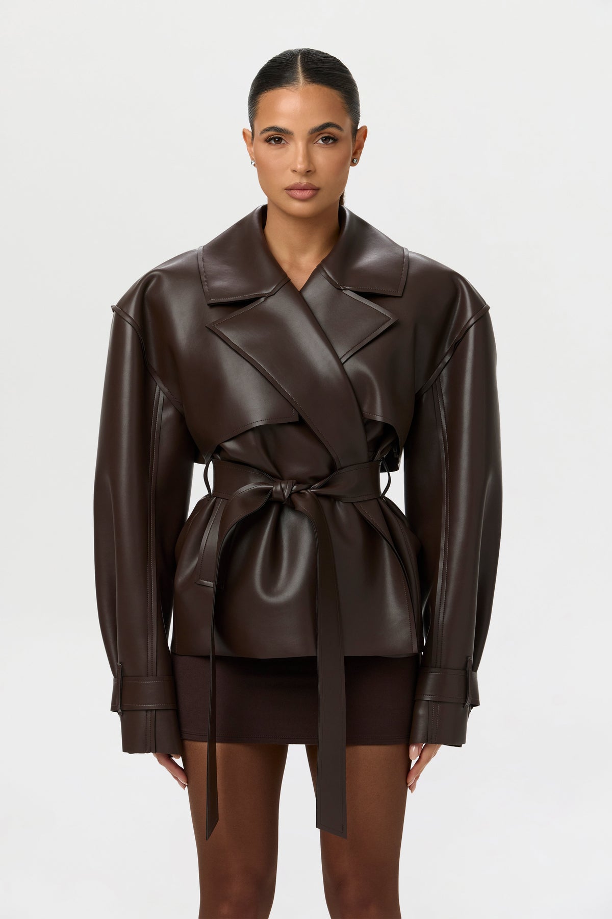Dark Chocolate Vegan Leather Cropped Trench Jacket