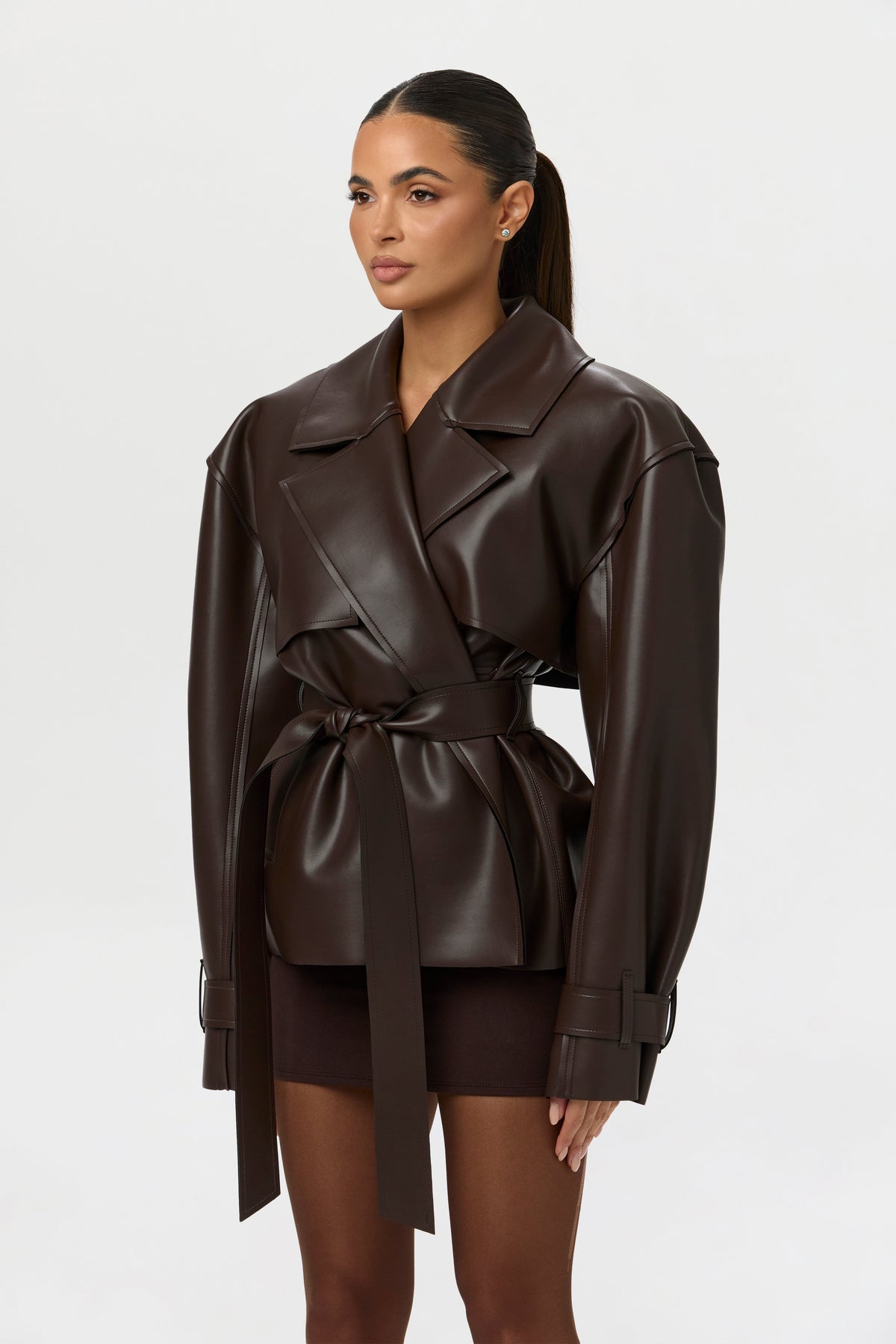 Dark Chocolate Vegan Leather Cropped Trench Jacket