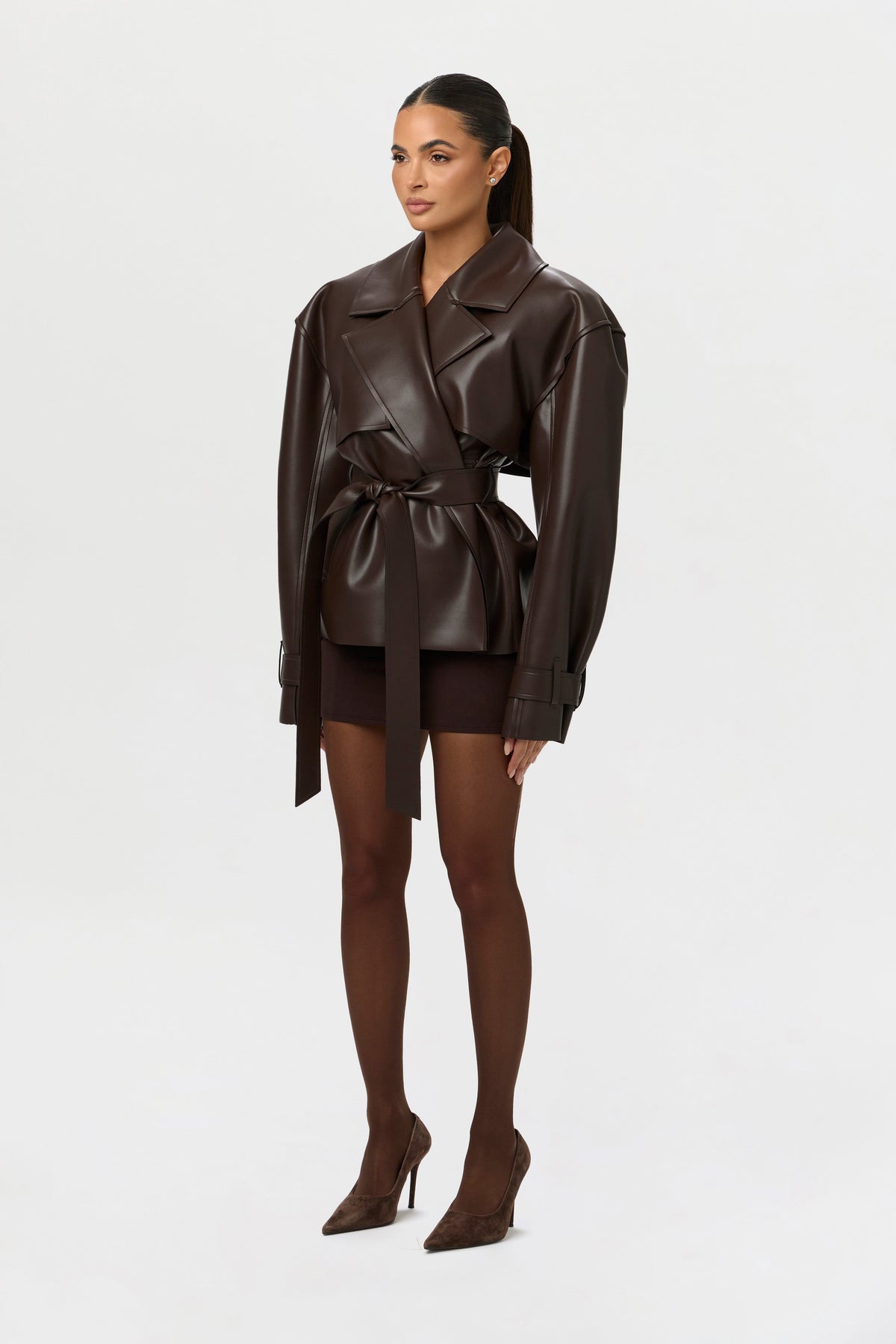 Dark Chocolate Vegan Leather Cropped Trench Jacket