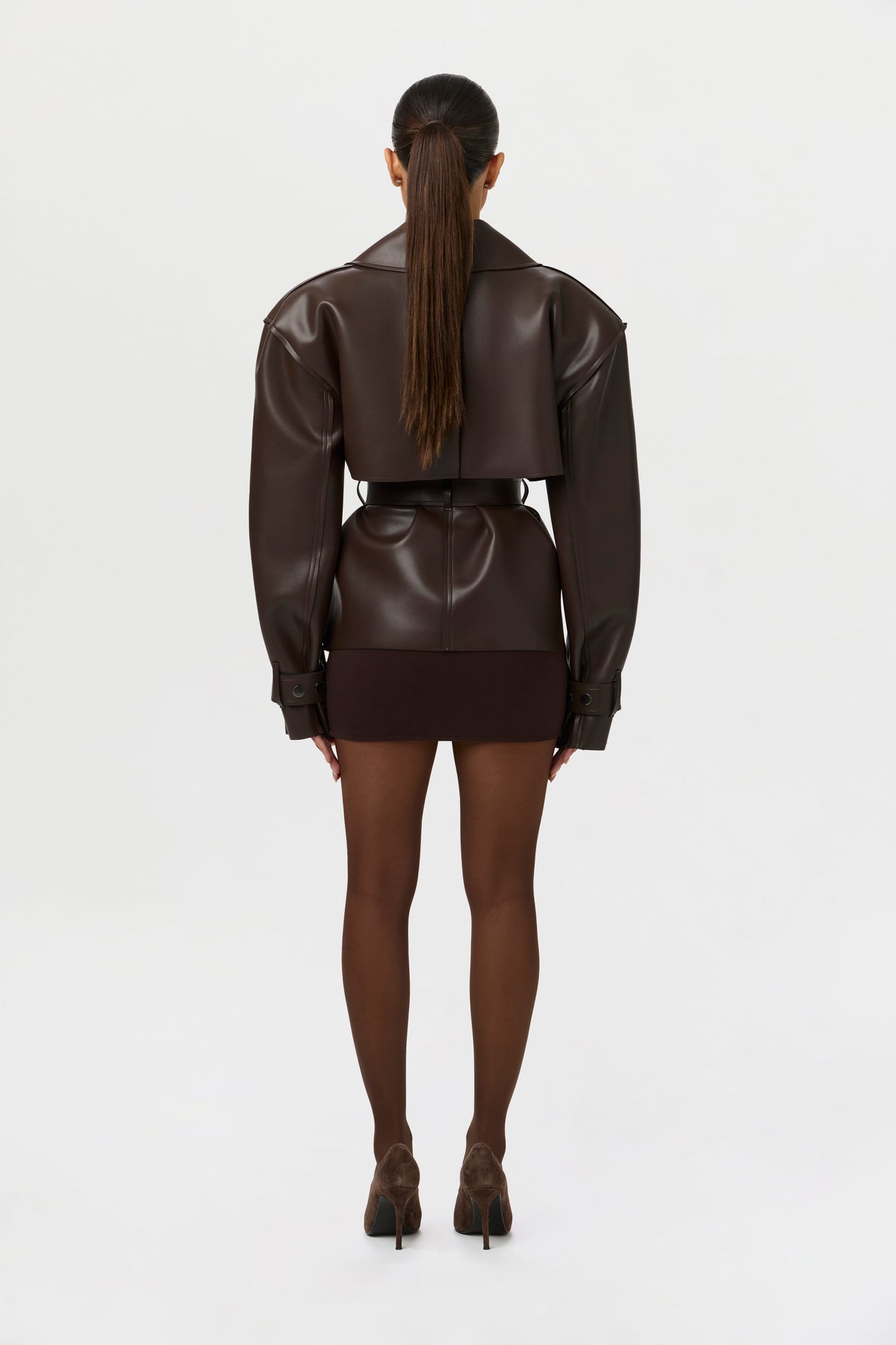 Dark Chocolate Vegan Leather Cropped Trench Jacket