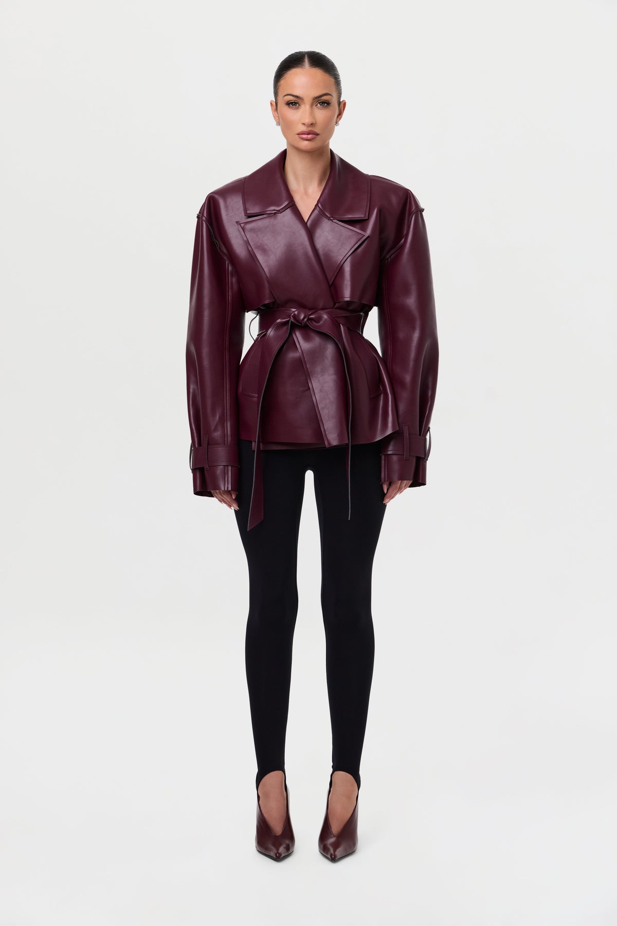Burgundy Vegan Leather Cropped Trench Jacket