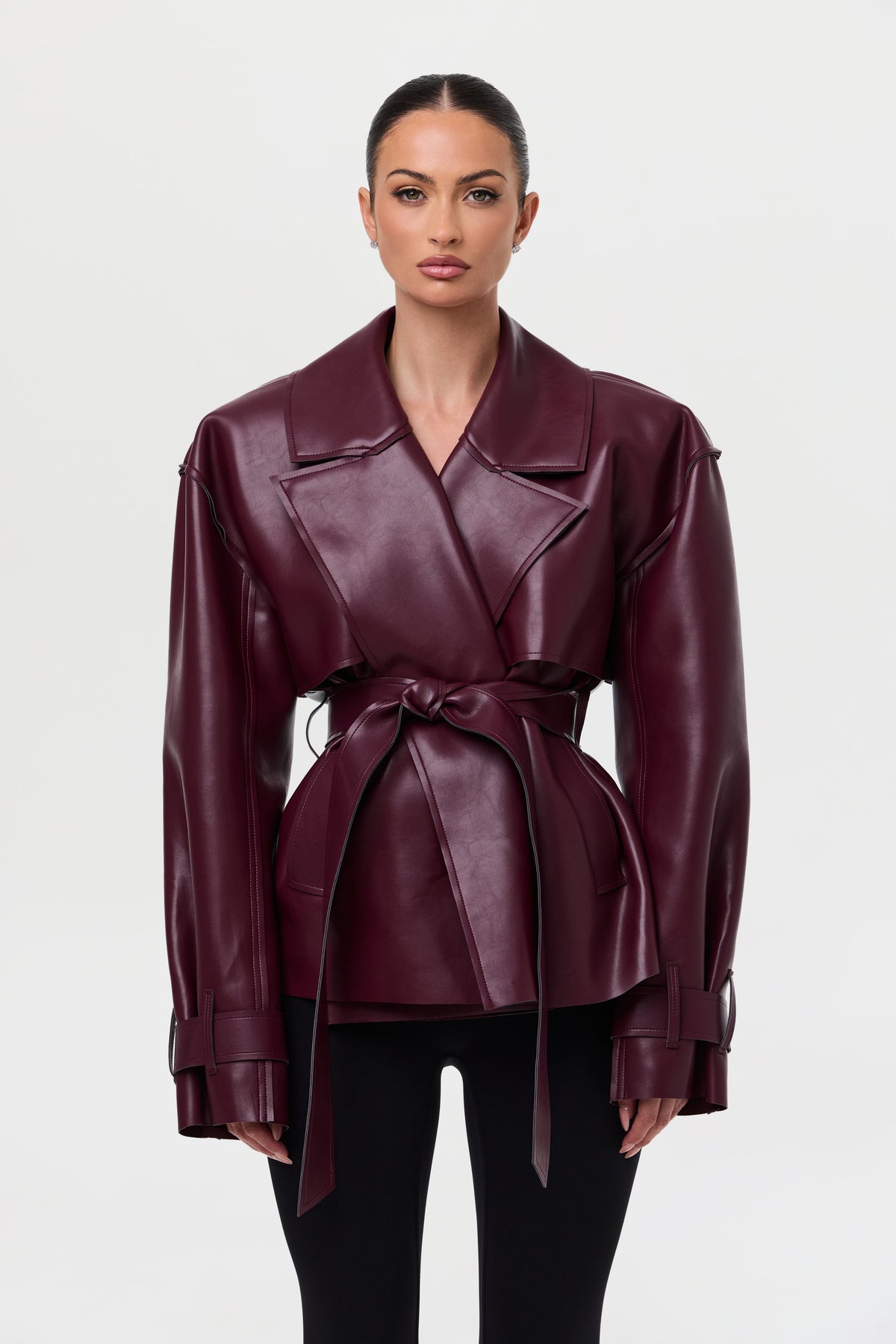 Burgundy Vegan Leather Cropped Trench Jacket