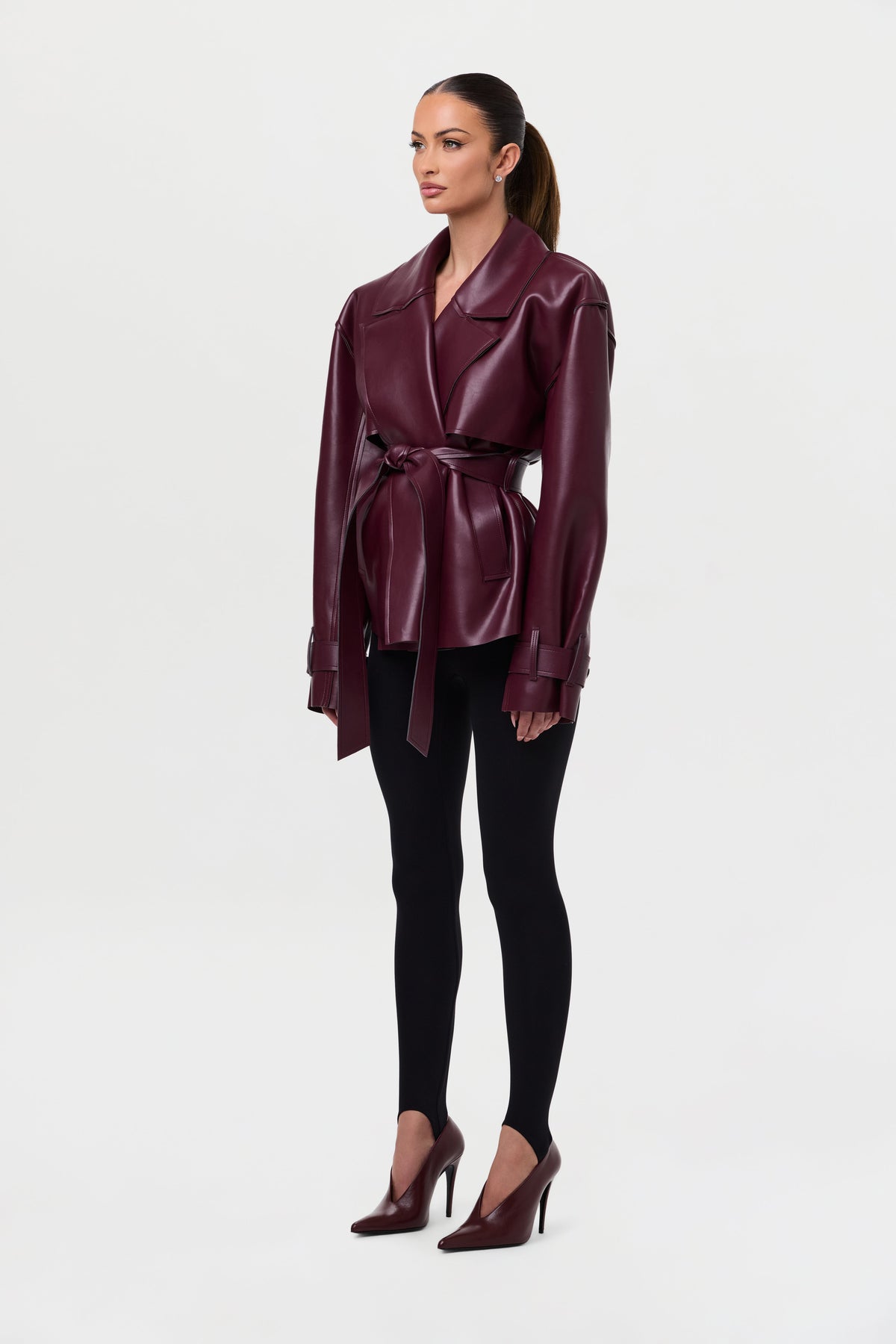 Burgundy Vegan Leather Cropped Trench Jacket