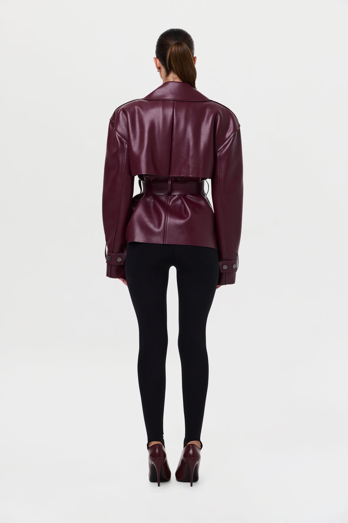 Burgundy Vegan Leather Cropped Trench Jacket