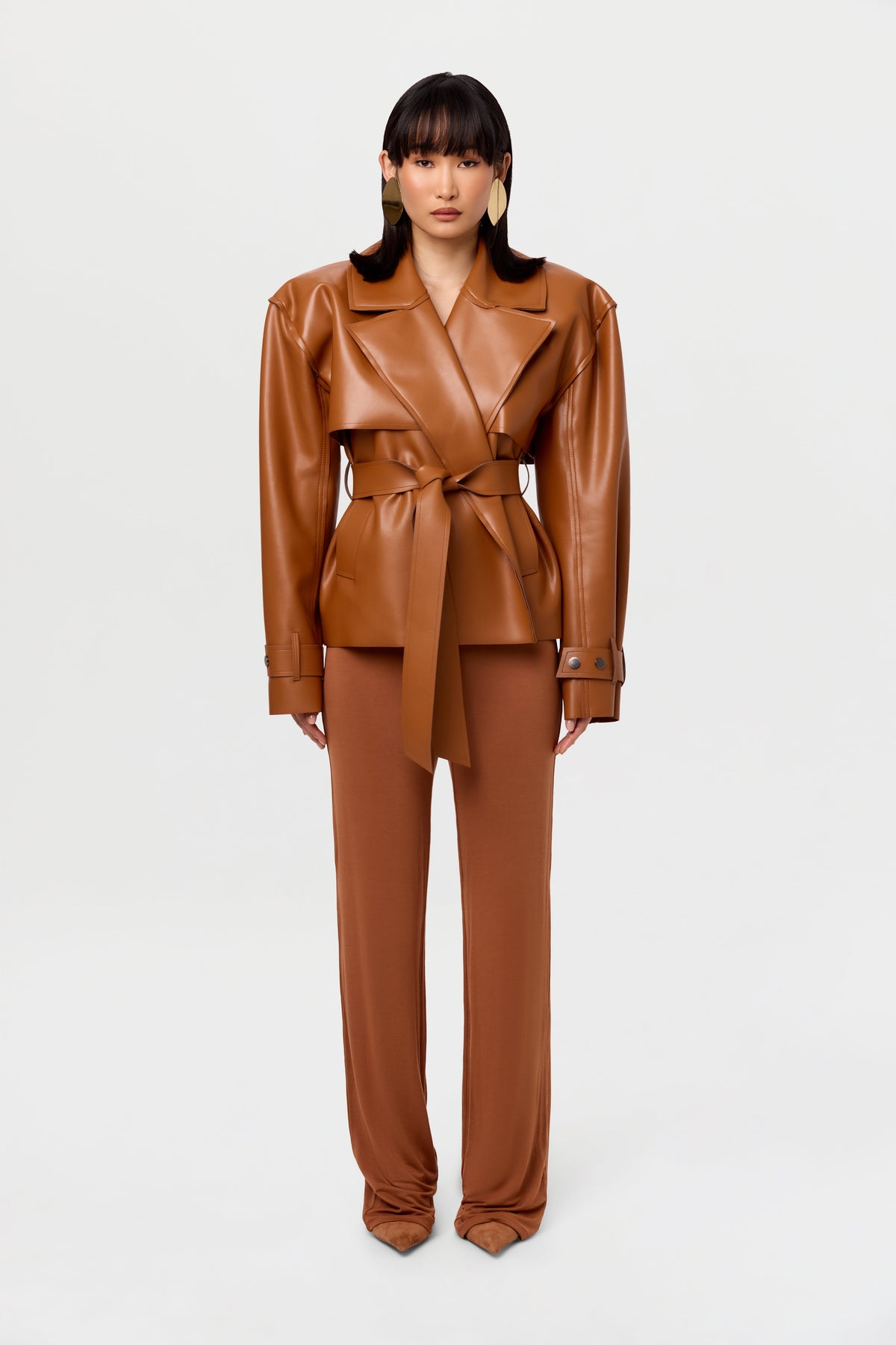 Camel Vegan Leather Cropped Trench Jacket