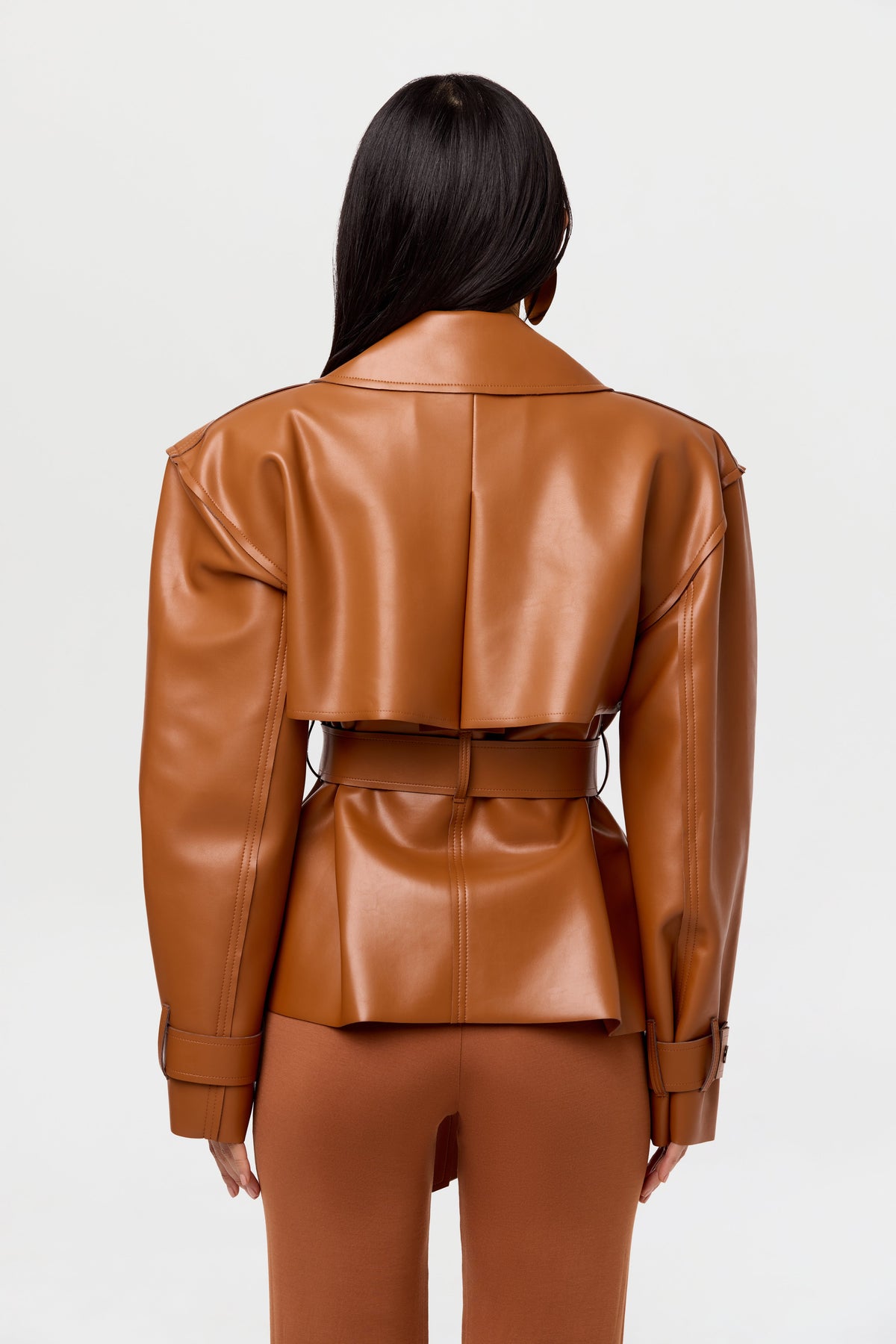 Camel Vegan Leather Cropped Trench Jacket