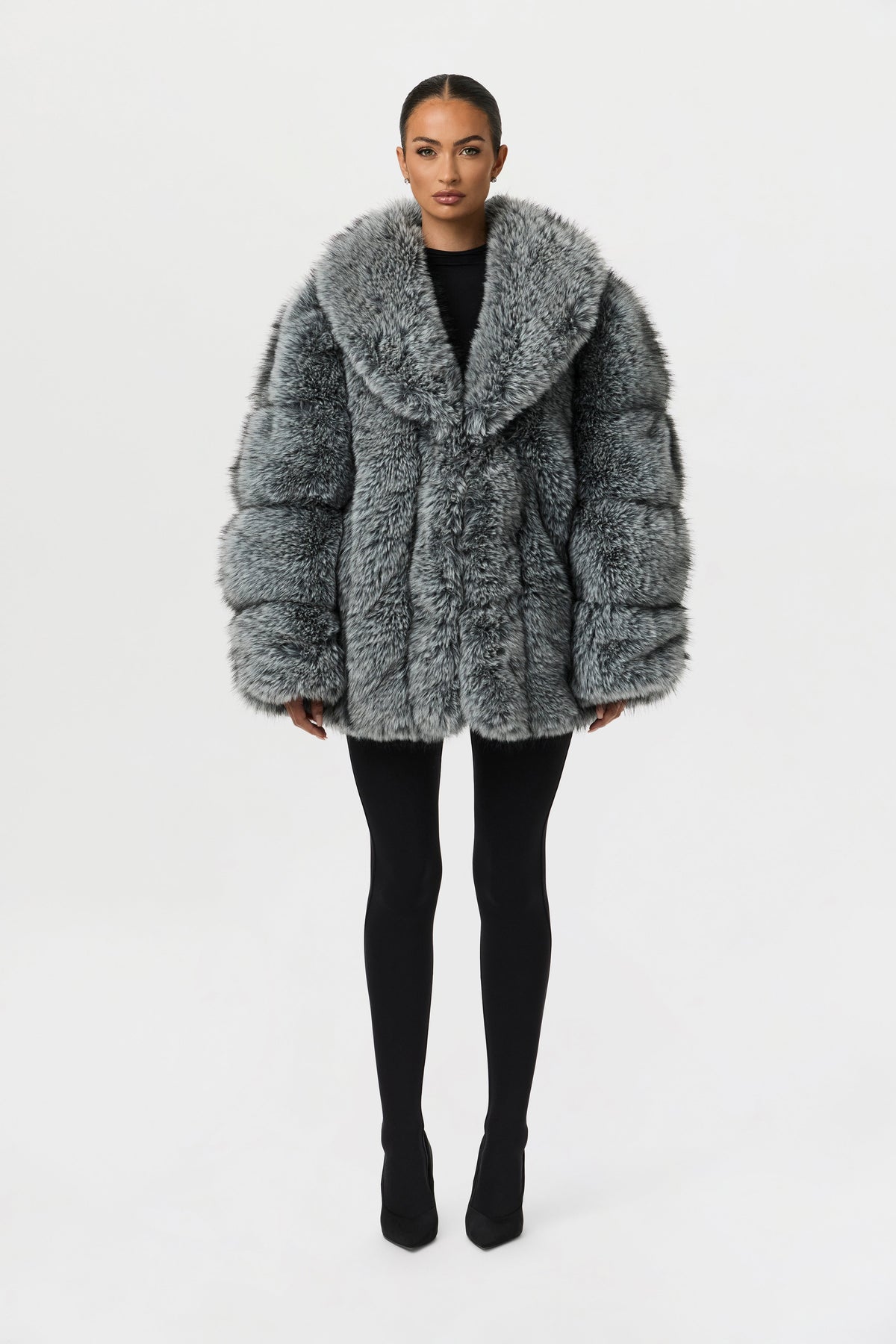 Gray Pelted Vertical Fur Coat