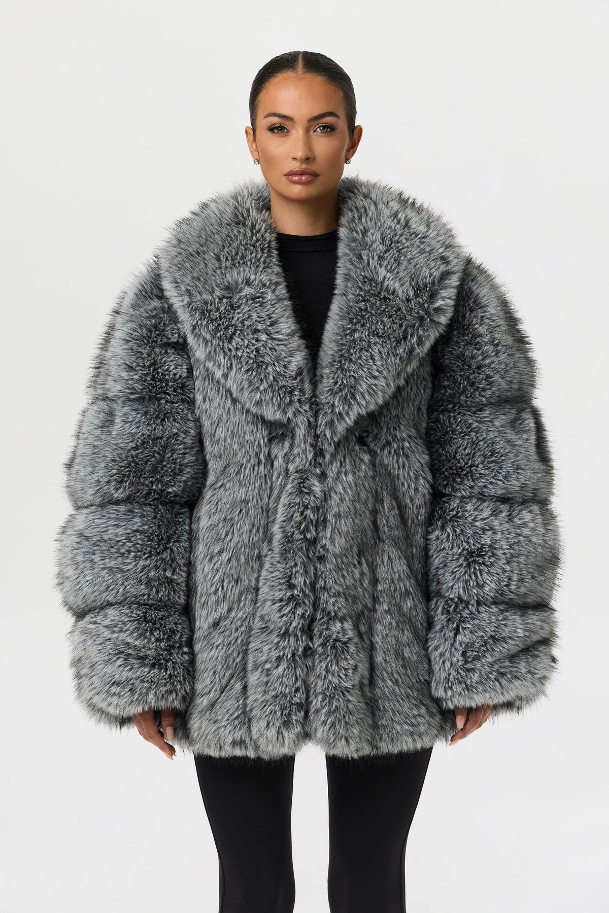 Gray Pelted Vertical Fur Coat