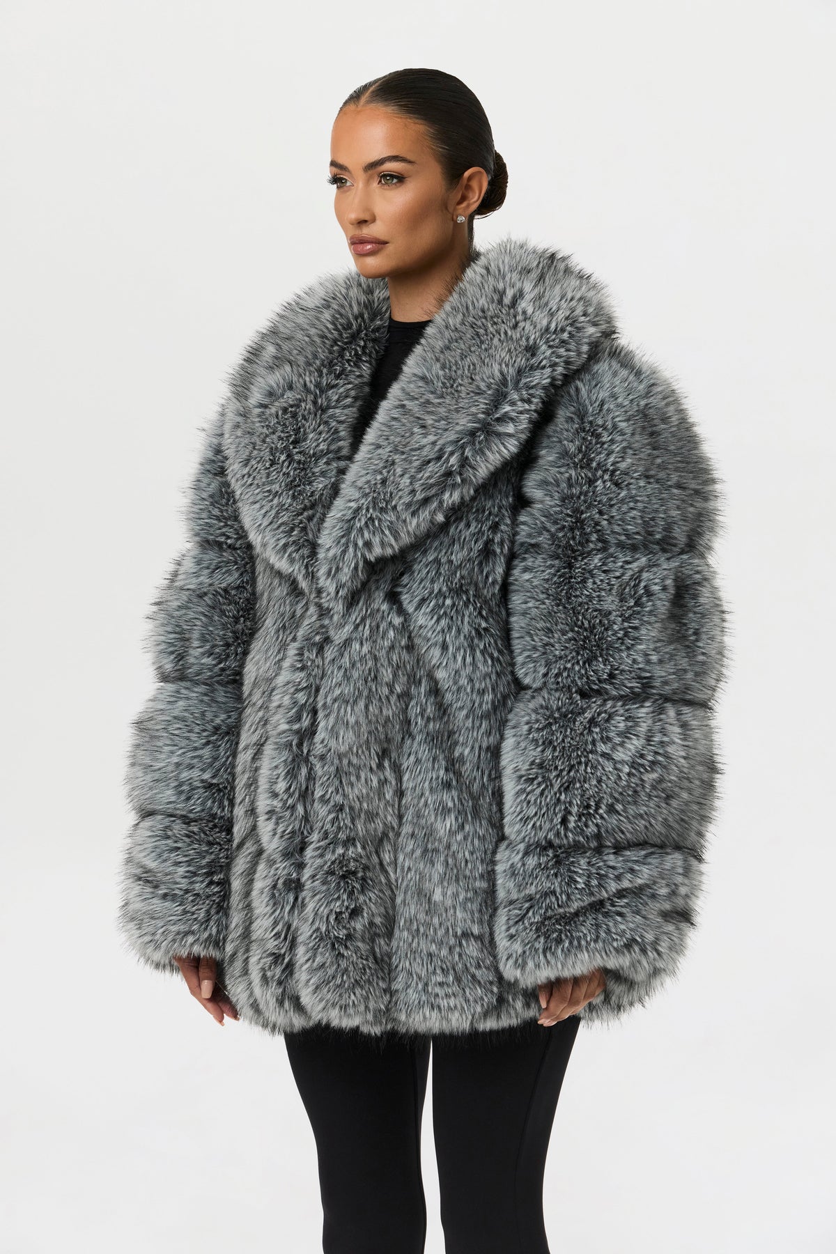 Gray Pelted Vertical Fur Coat