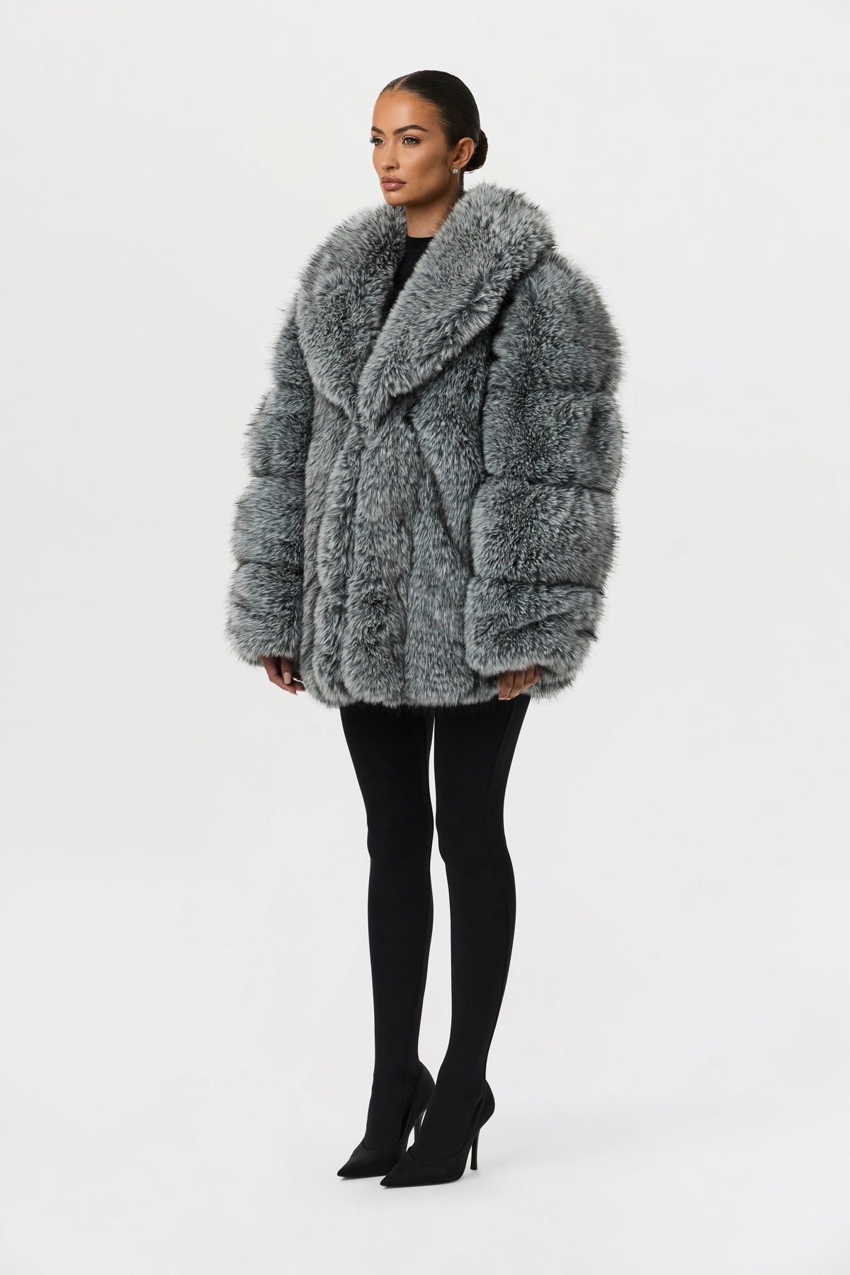 Gray Pelted Vertical Fur Coat