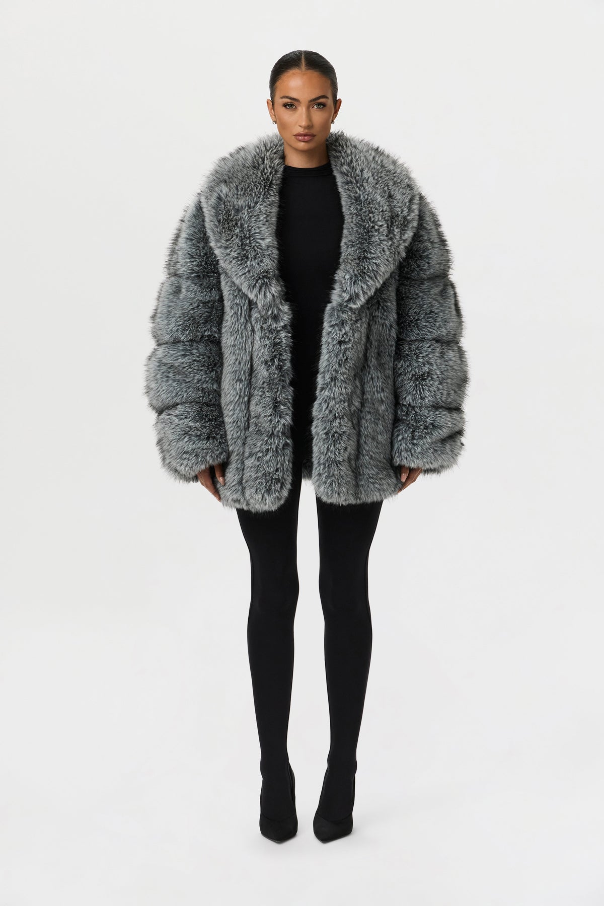 Gray Pelted Vertical Fur Coat
