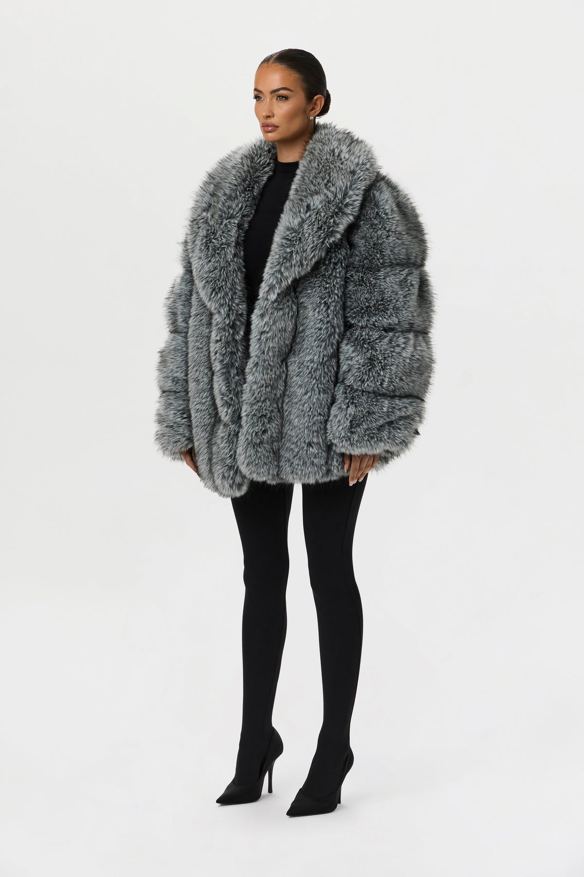 Gray Pelted Vertical Fur Coat