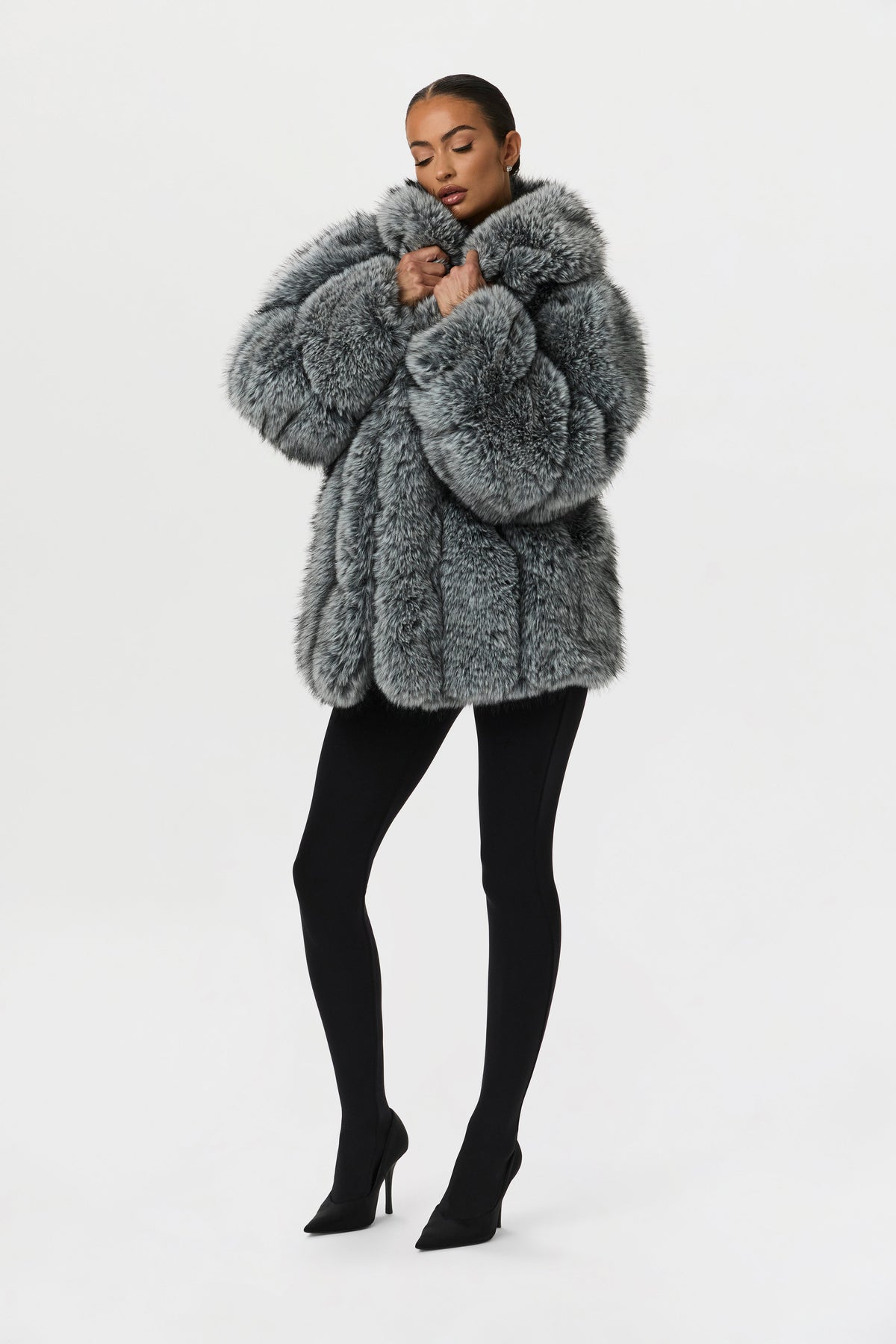 Gray Pelted Vertical Fur Coat