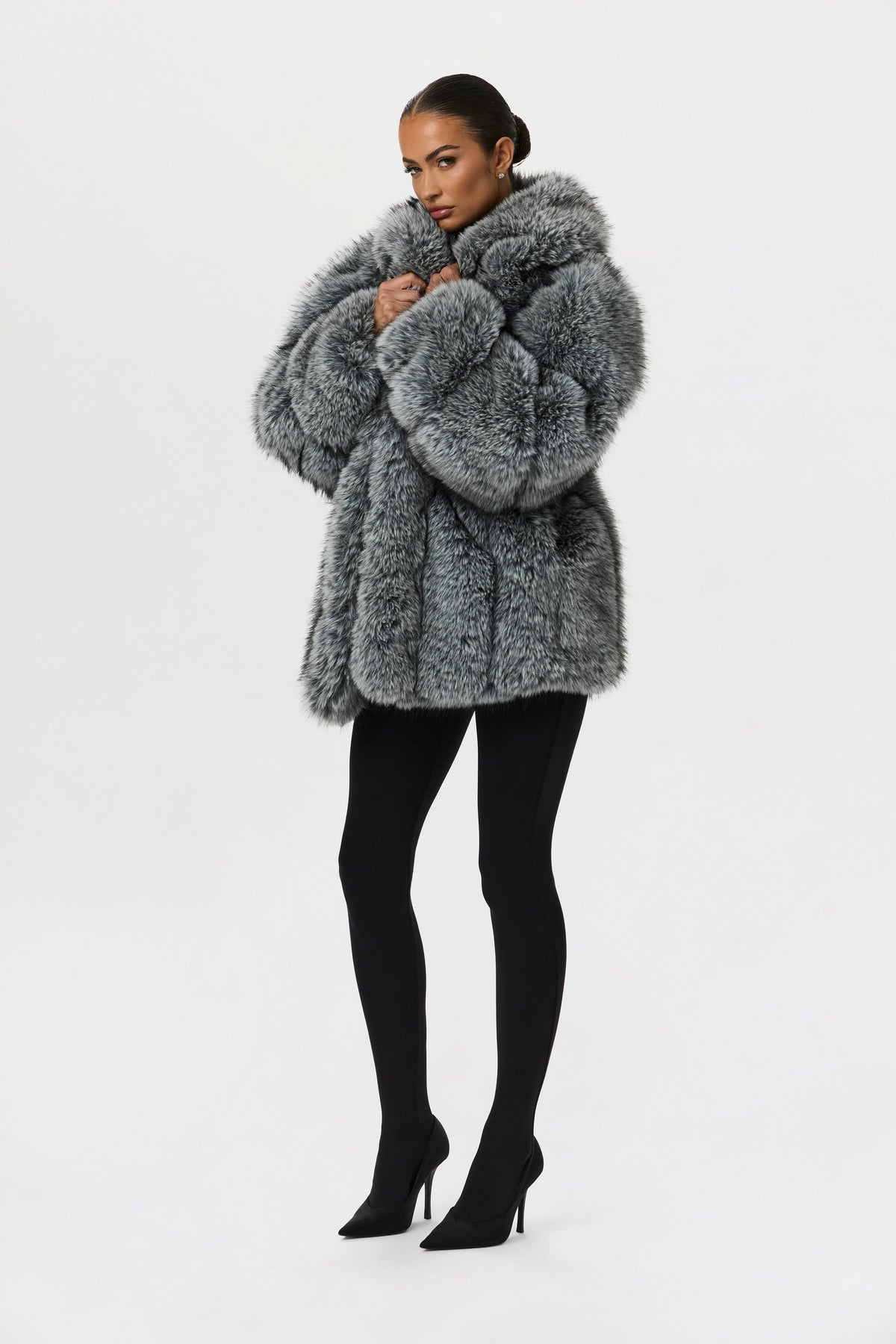 Gray Pelted Vertical Fur Coat