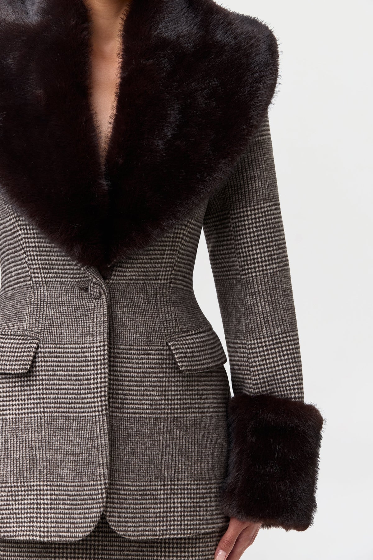 Chocolate HT Plaid Pattern Suit Jacket with Fur Trim
