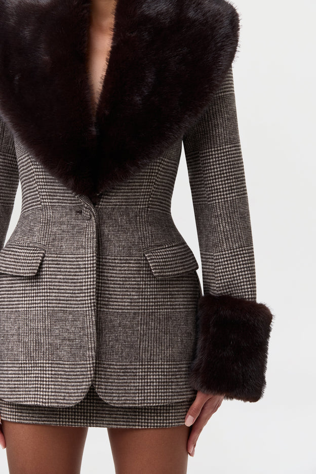 Pattern Suit Jacket with Fur Trim