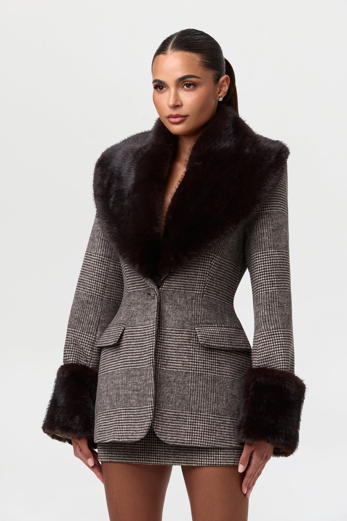 Chocolate HT Plaid Pattern Suit Jacket with Fur Trim