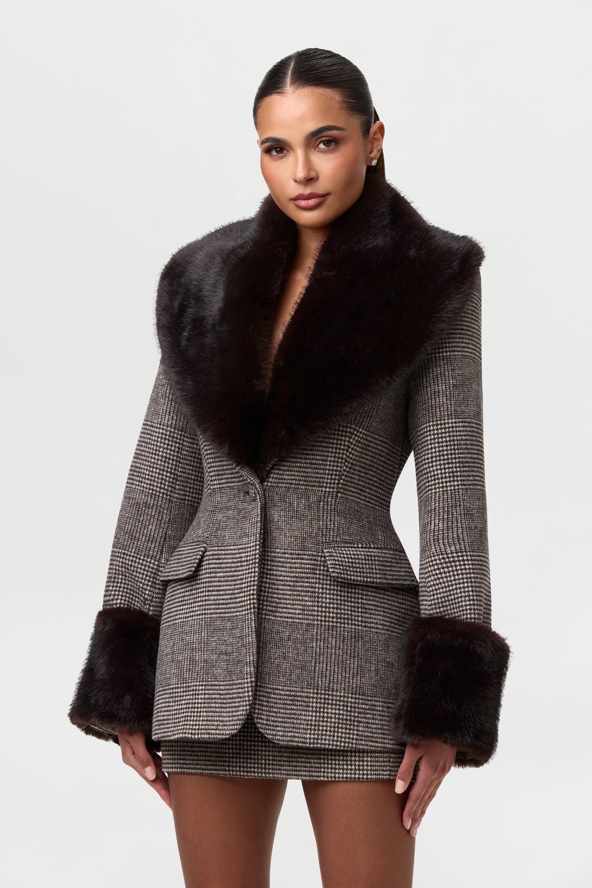 Chocolate HT Plaid Pattern Suiting Mini Skirt