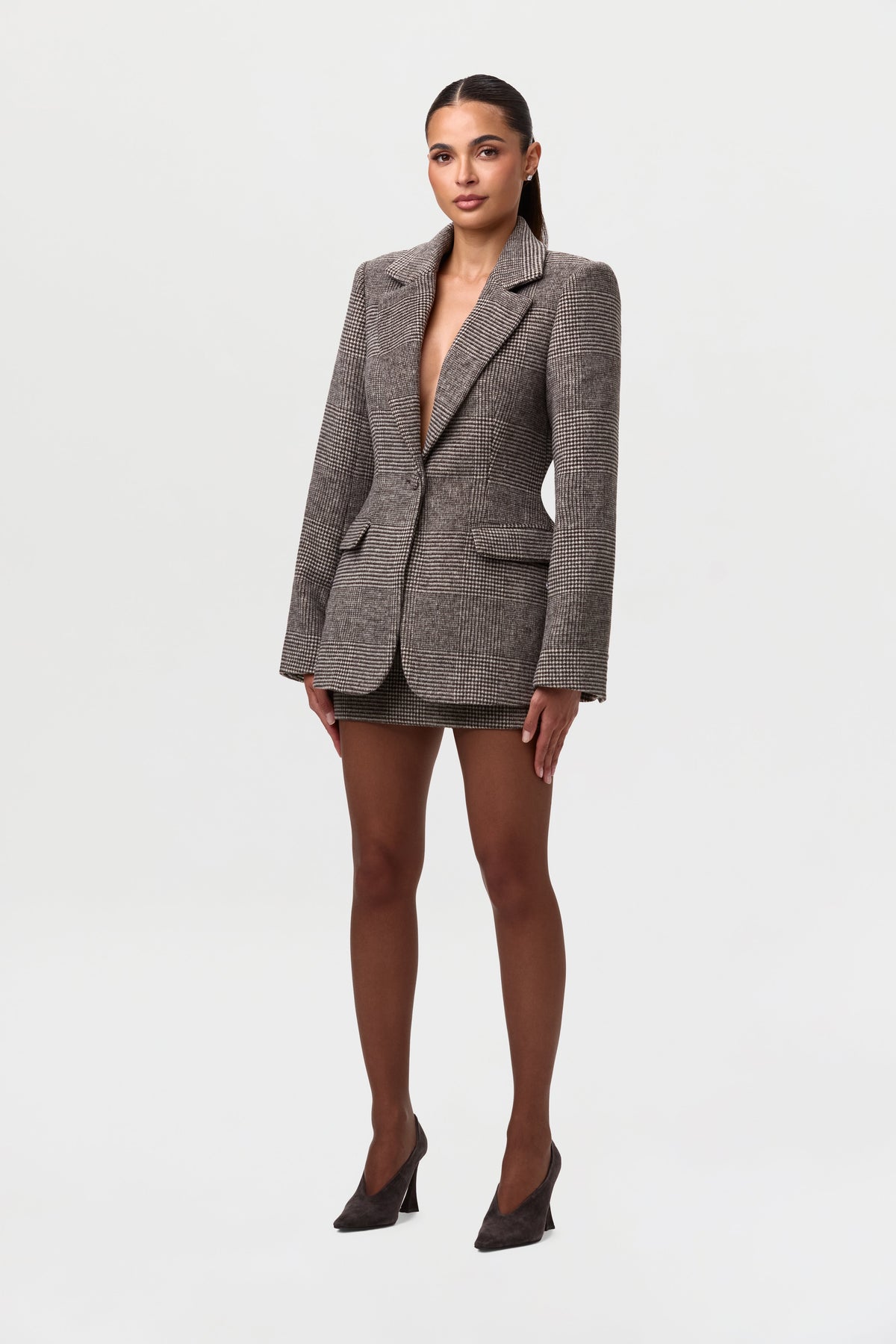 Chocolate HT Plaid Pattern Suiting Mini Skirt