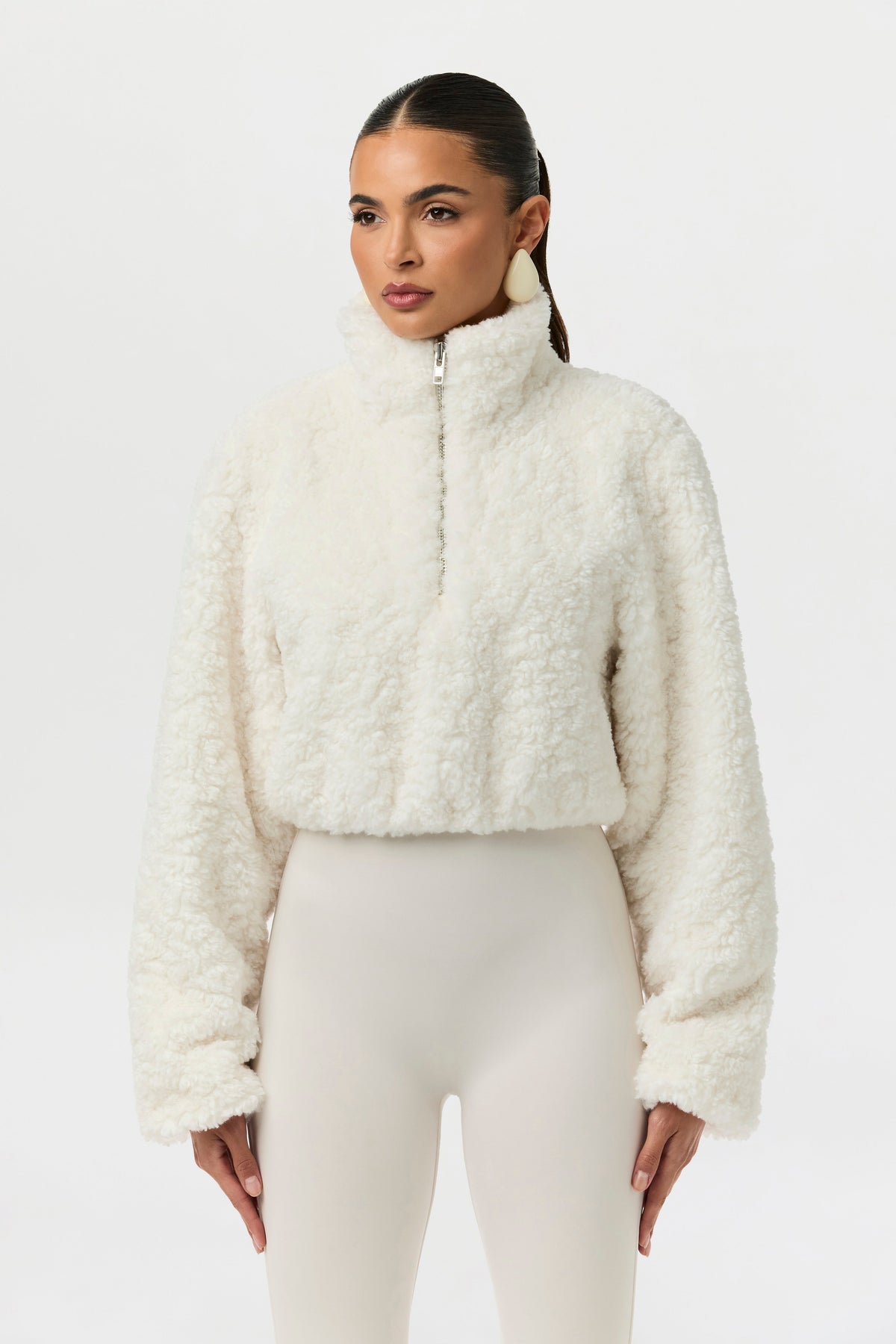 Ivory Sherpa Quarter-Zip Cropped Sweater
