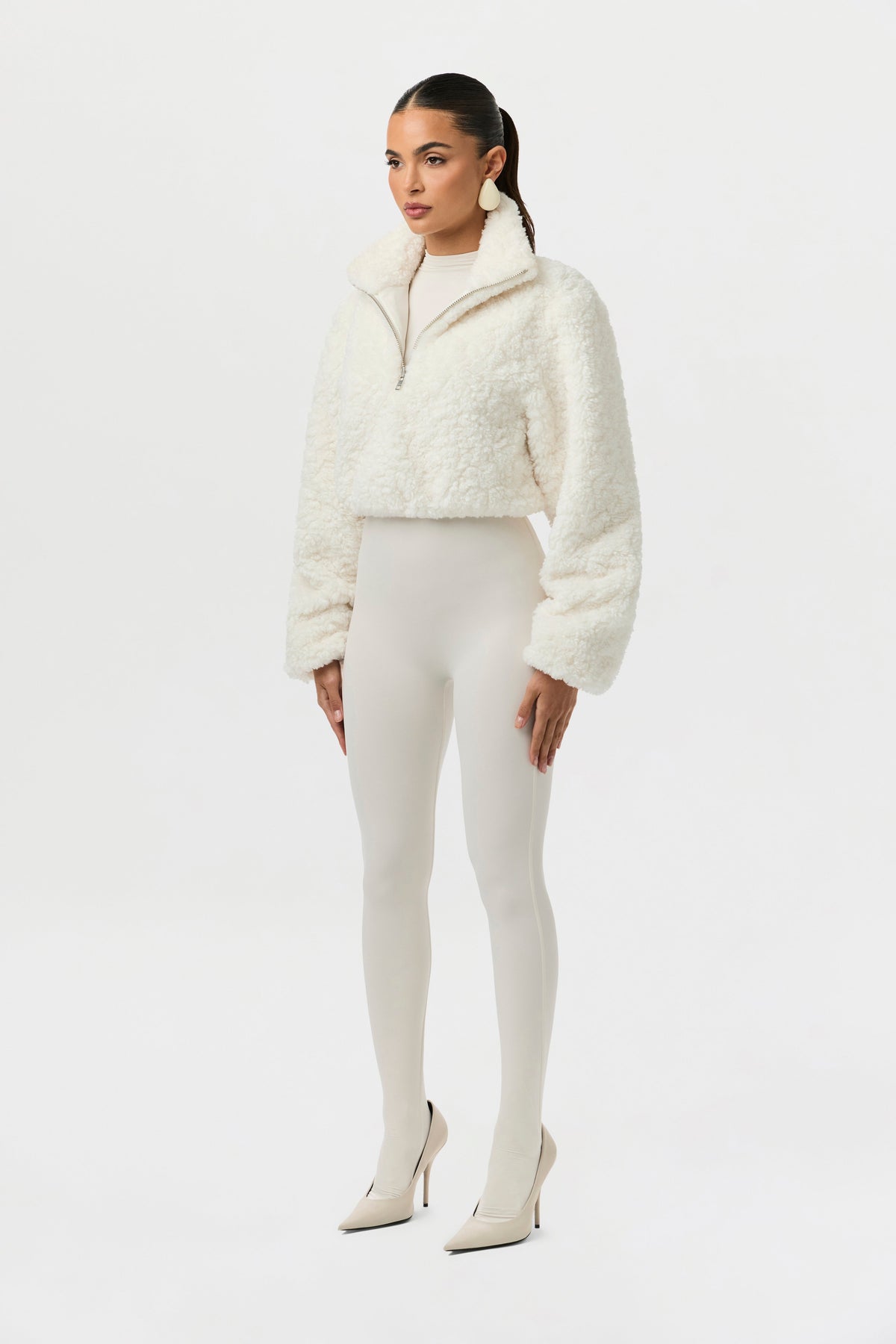 Ivory Sherpa Quarter-Zip Cropped Sweater