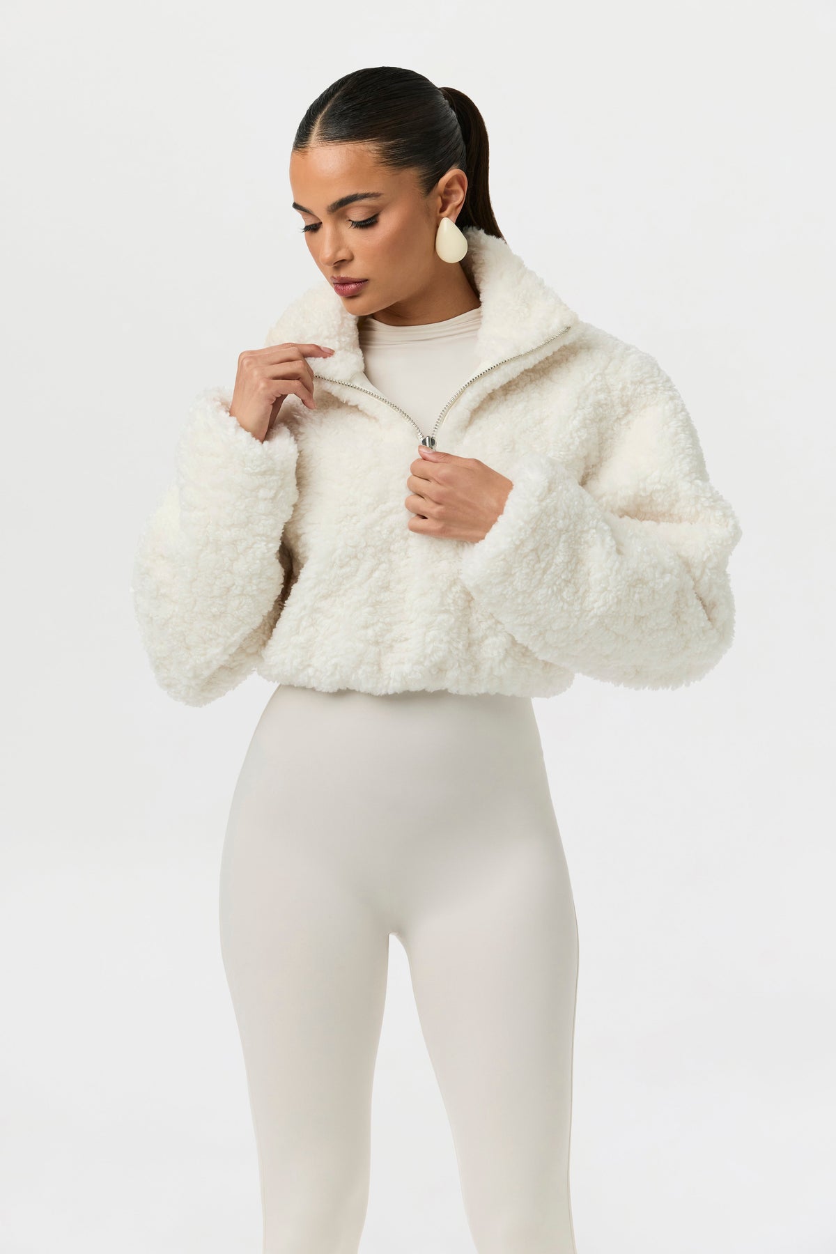 Ivory Sherpa Quarter-Zip Cropped Sweater