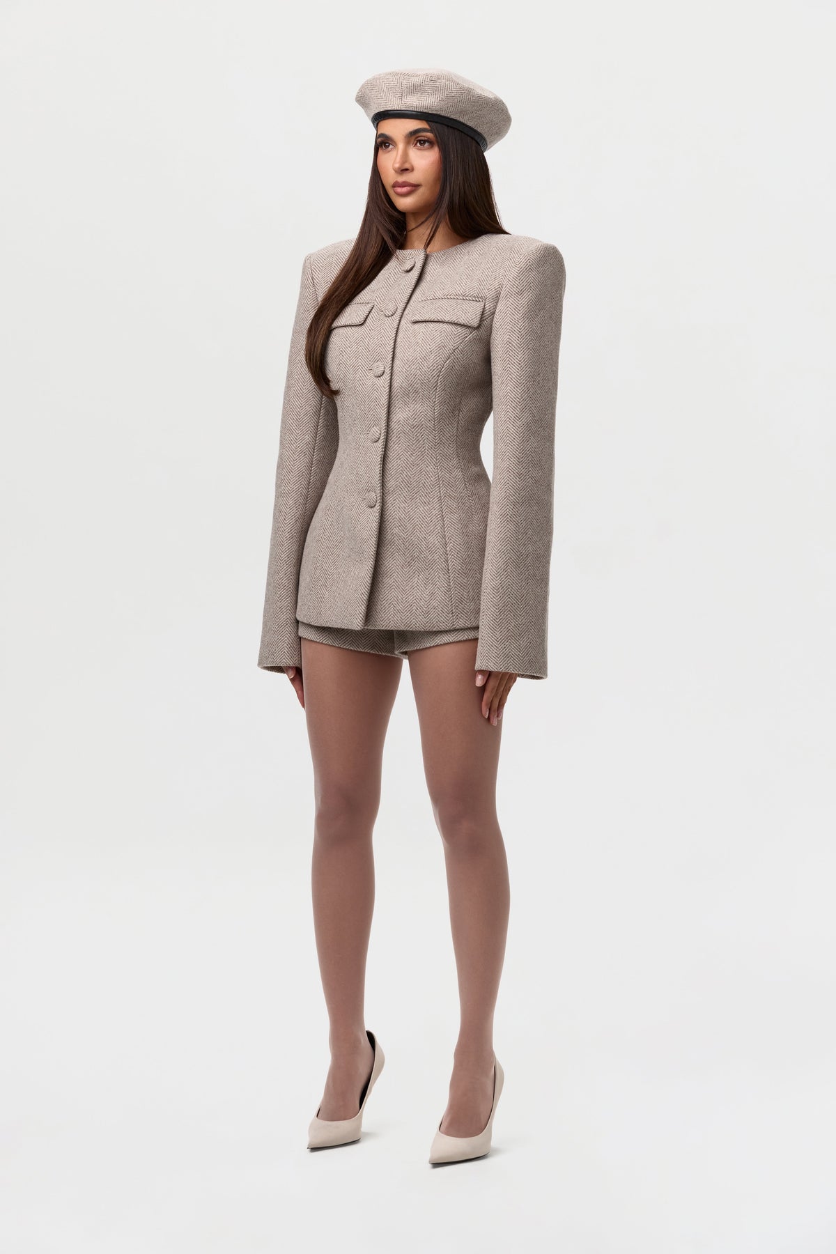 Taupe Chevron Pattern Suiting Hot Short