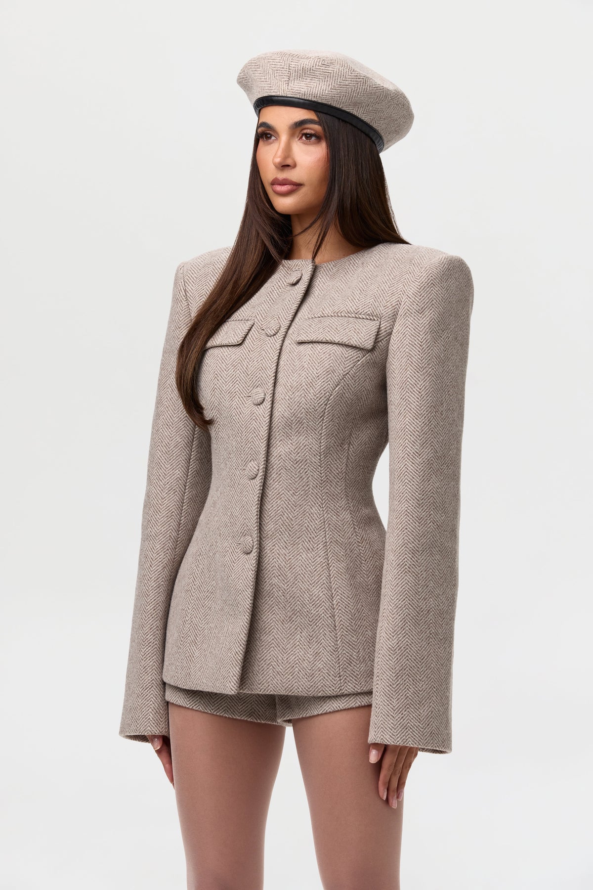 Taupe Chevron Pattern Suiting Hot Short