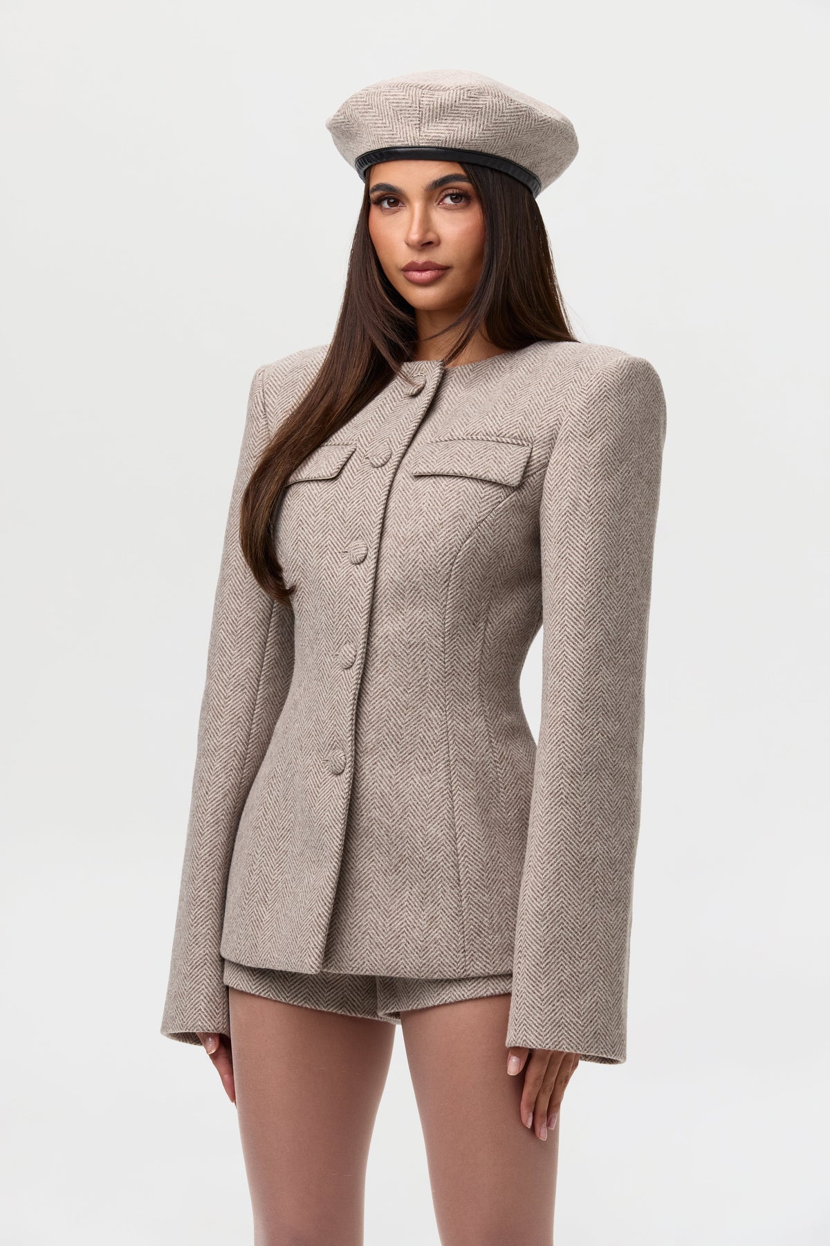Taupe Chevron Pattern Suiting Hot Short