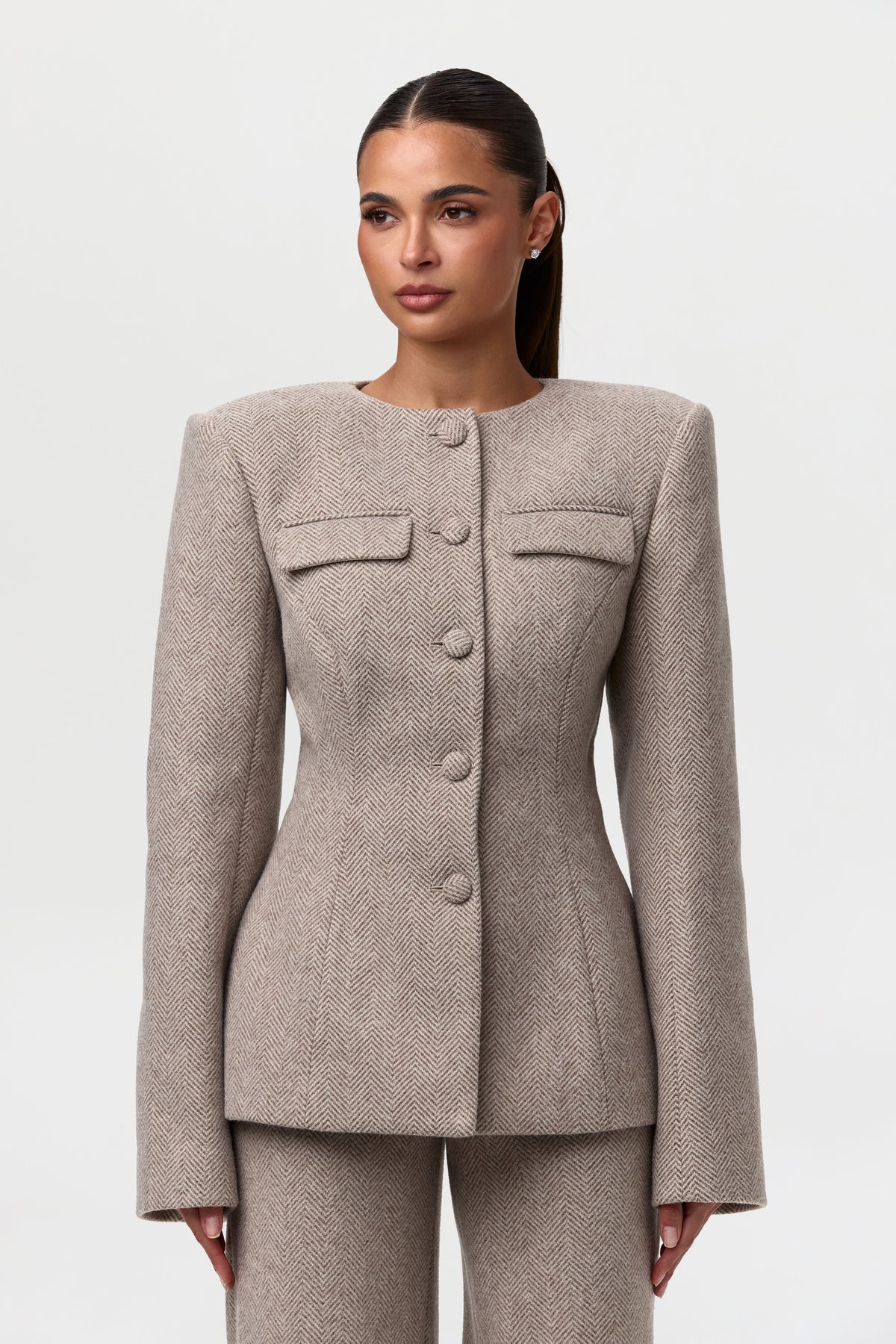 Taupe Chevron Pattern Suiting Button Up Blazer