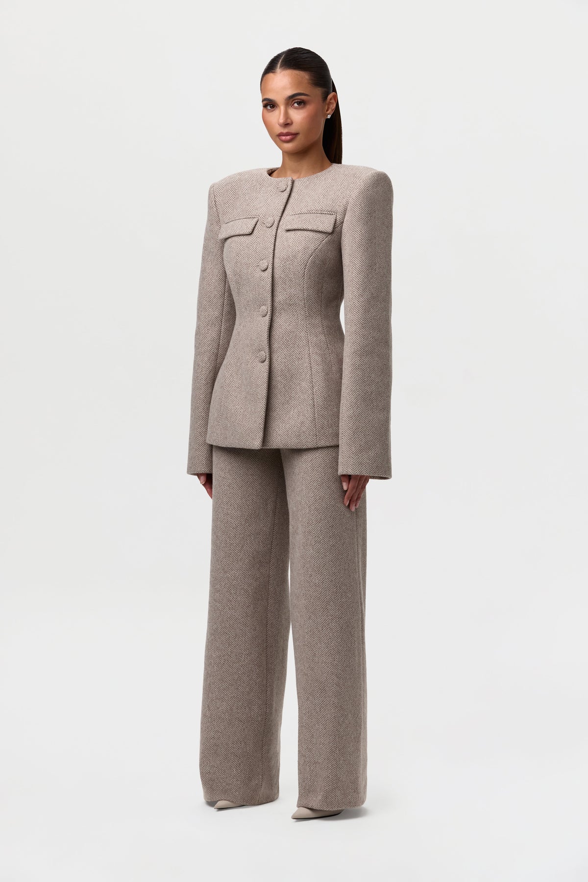 Taupe Chevron Pattern Suiting Straight Leg Trouser