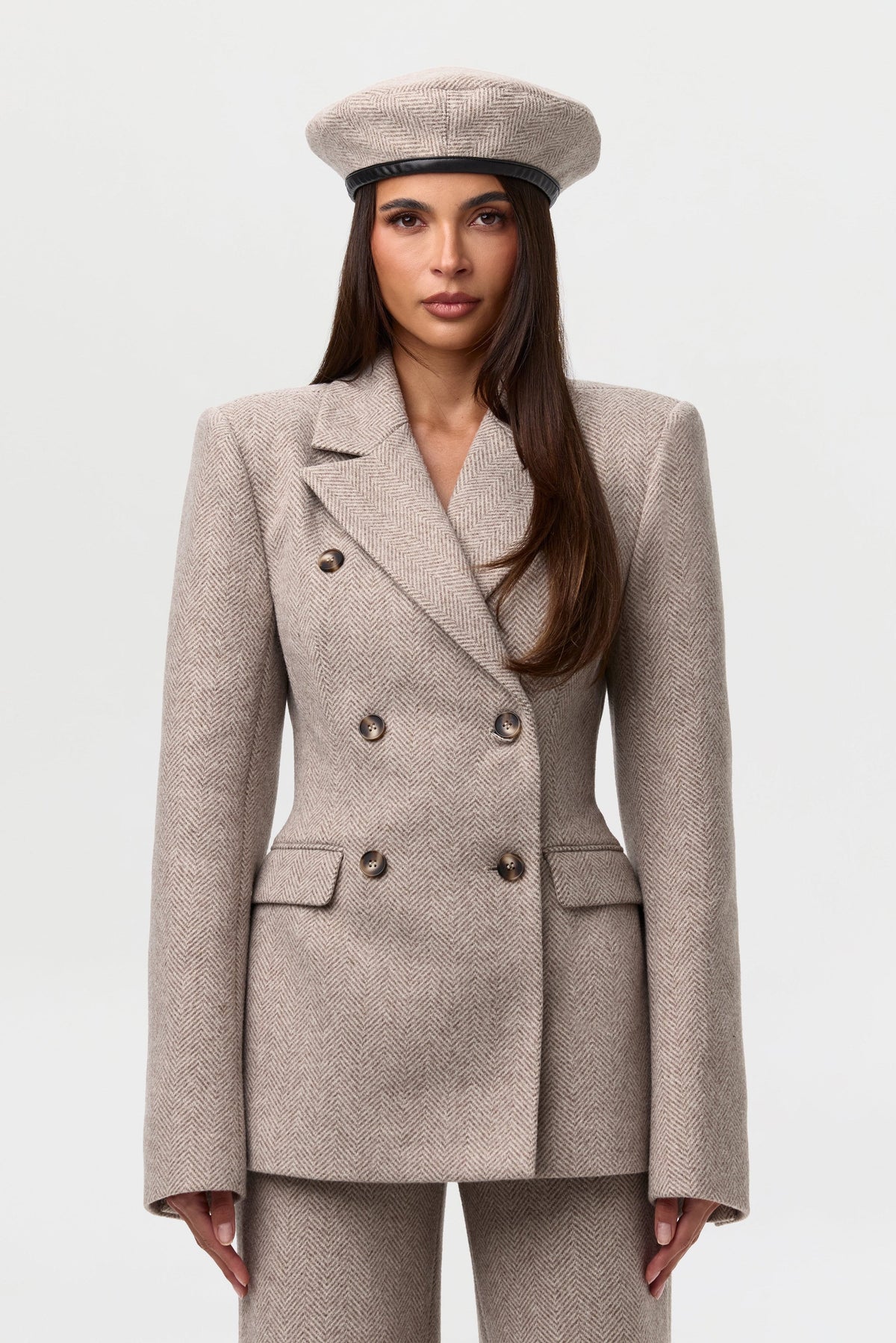 Taupe Chevron Pattern Suiting Double Breasted Blazer