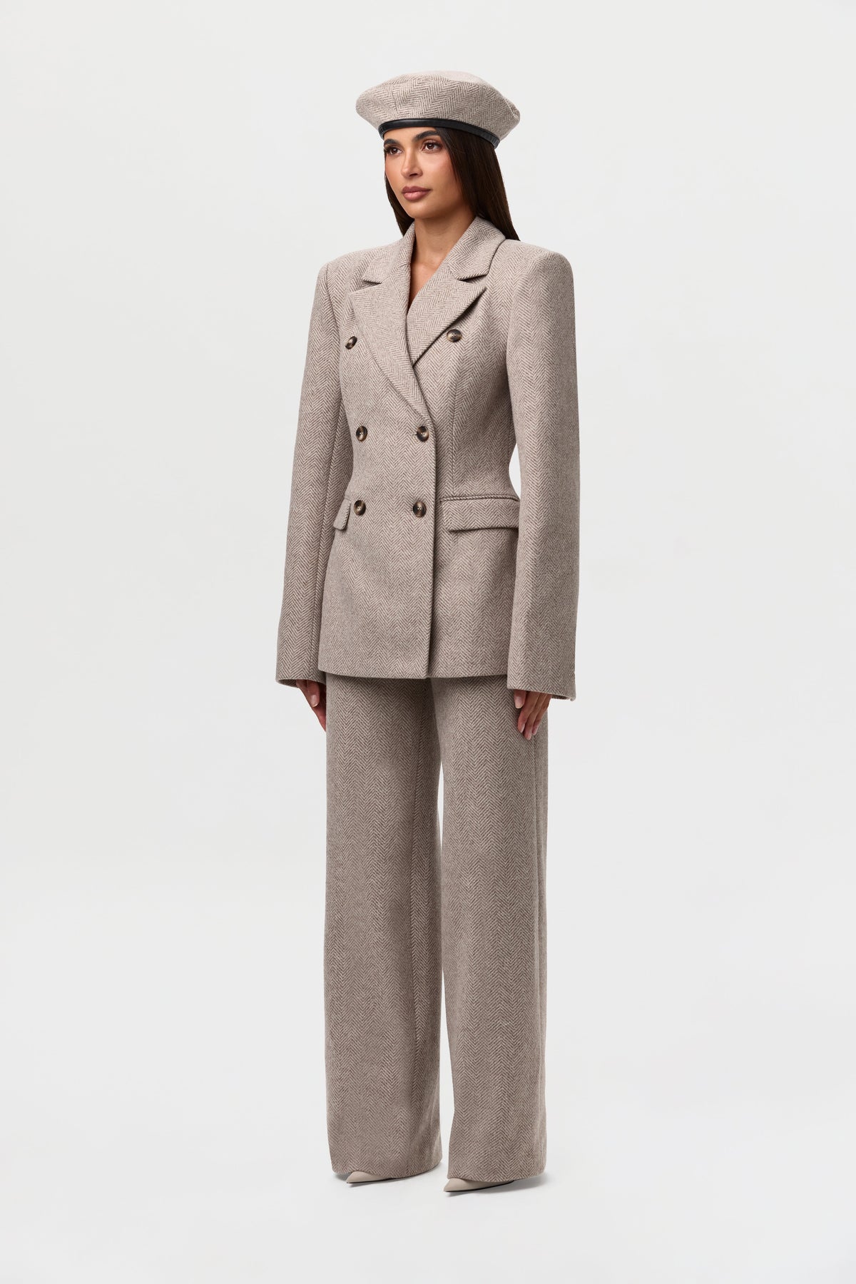 Taupe Chevron Pattern Suiting Double Breasted Blazer