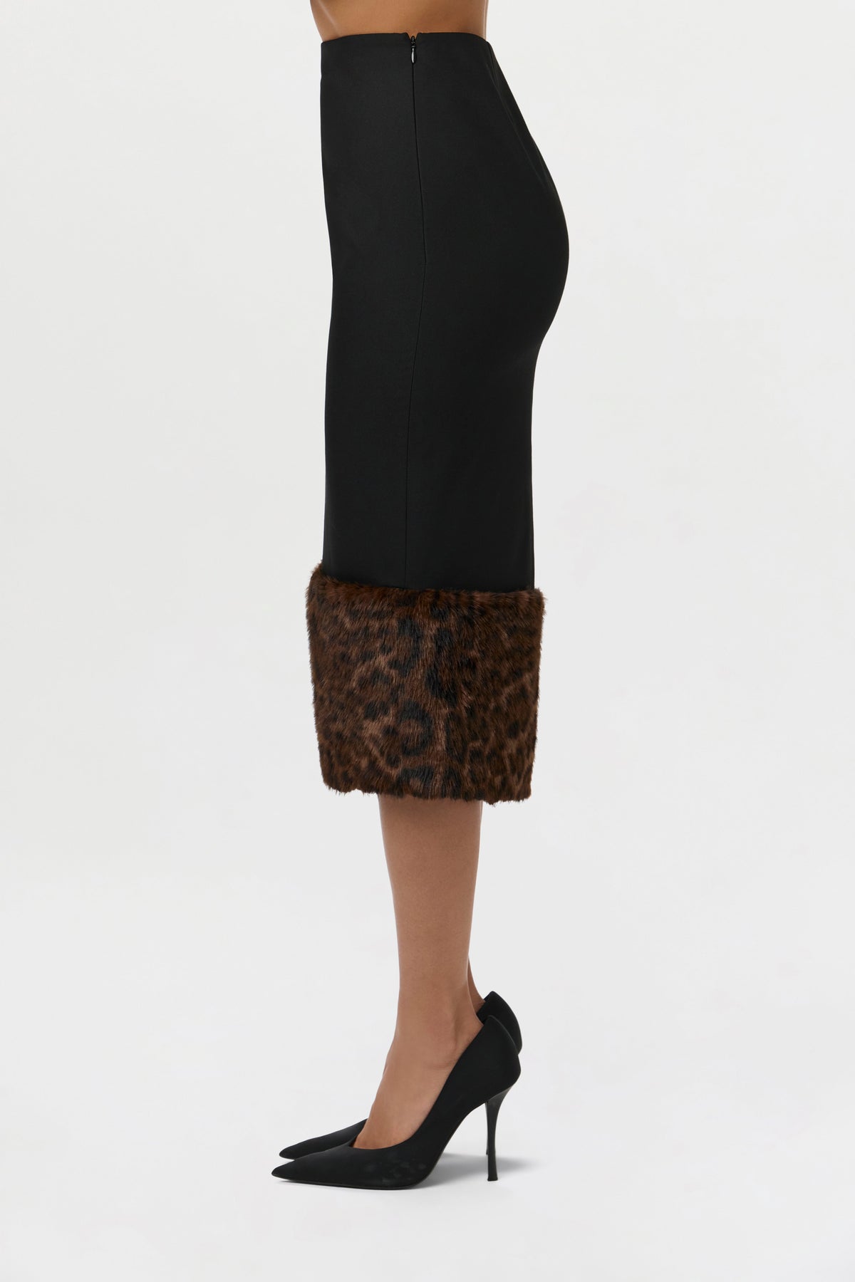 Black Suiting Faux Fur Leopard Midi Skirt