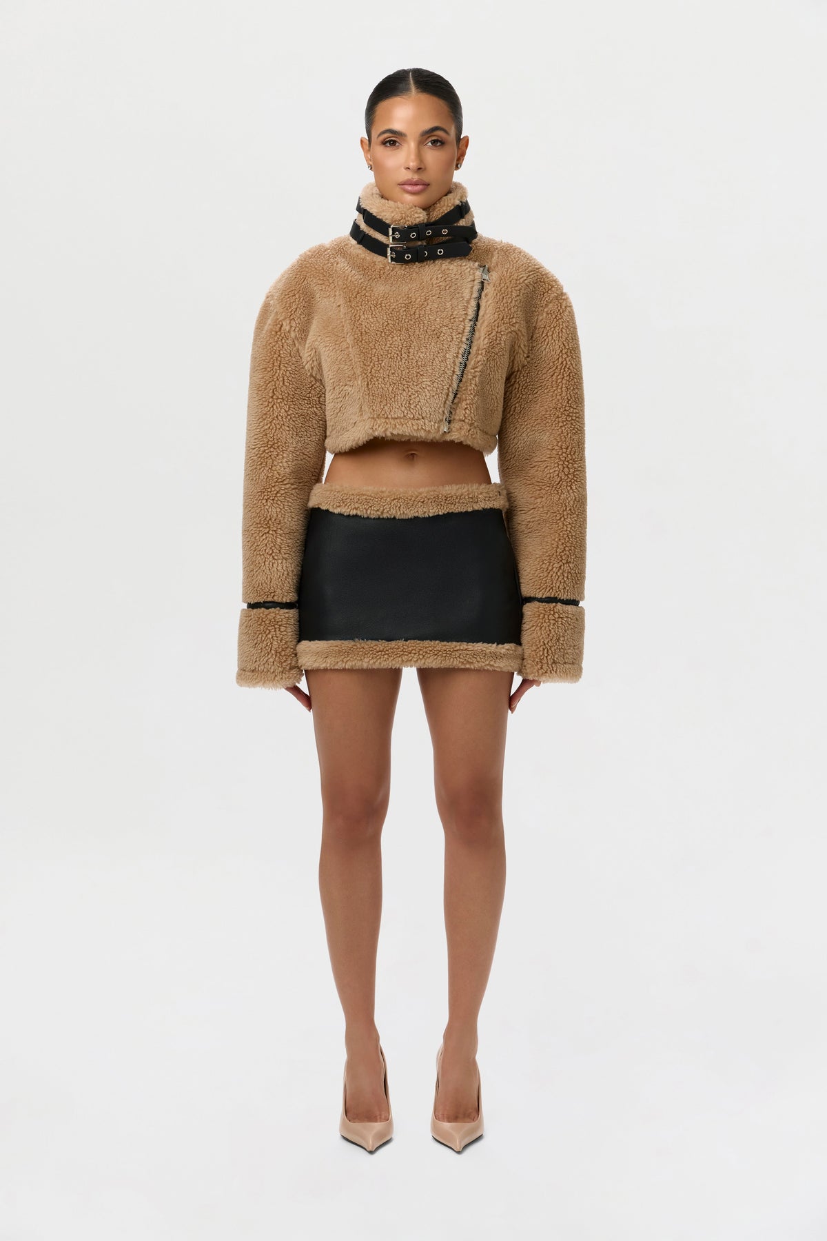 Black/Tan Sherpa Vegan Leather Mini Skirt