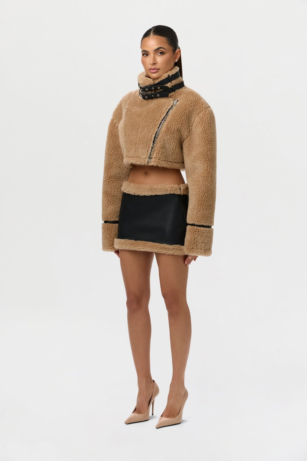 Black/Tan Sherpa Vegan Leather Mini Skirt