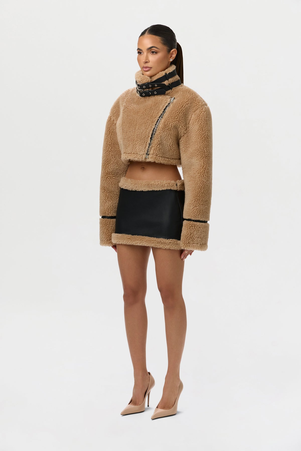 Black/Tan Sherpa Vegan Leather Mini Skirt