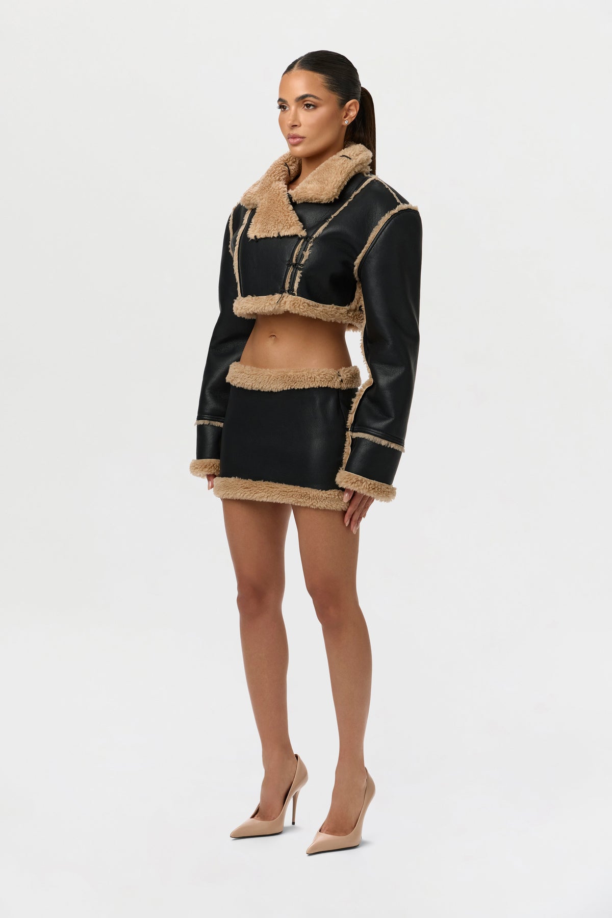 Black/Tan Sherpa Vegan Leather Mini Skirt