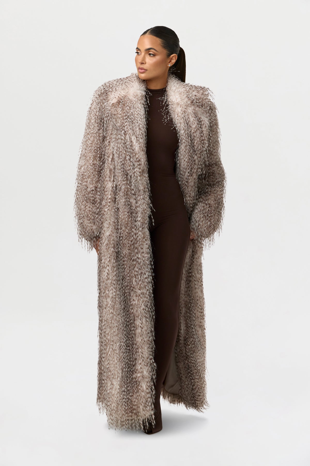 Taupe Faux Feather Plush Long Coat