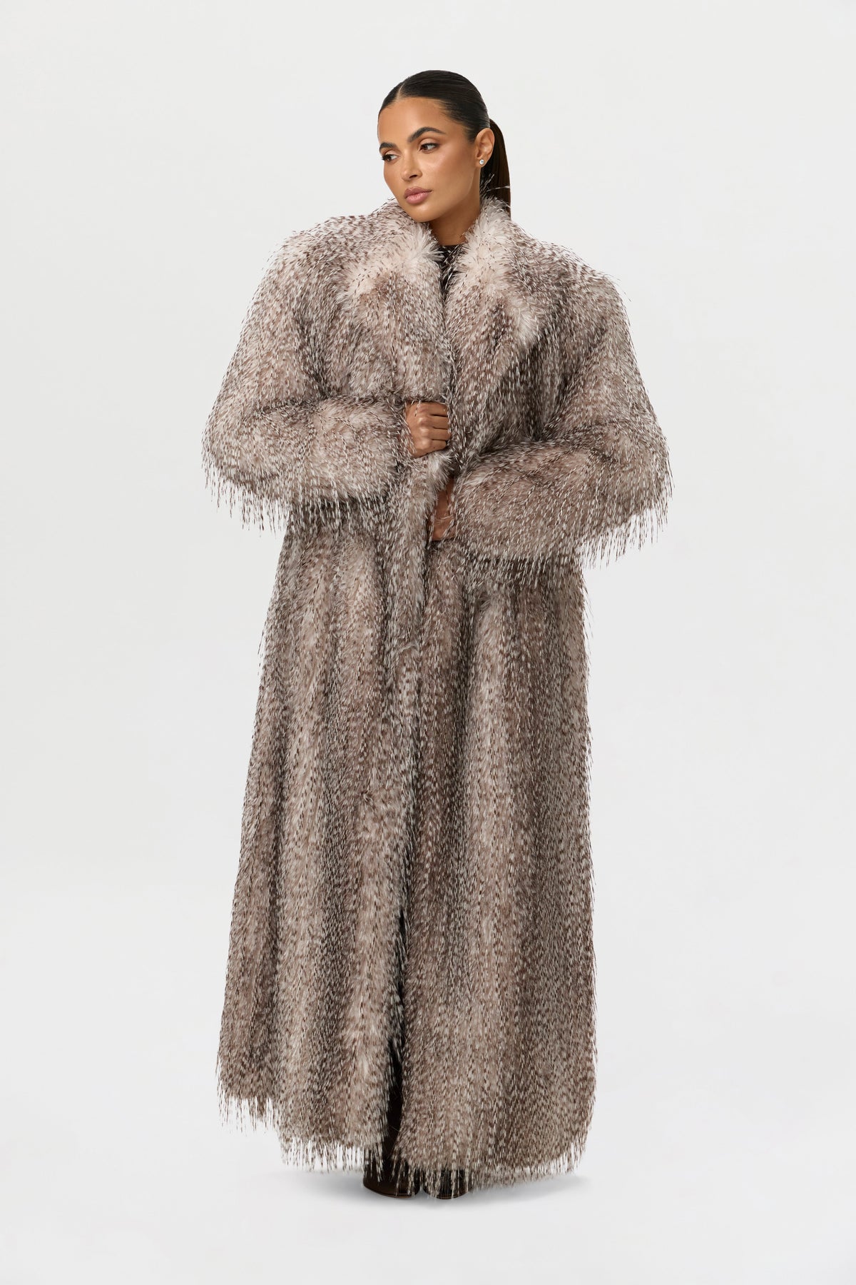 Taupe Faux Feather Plush Long Coat