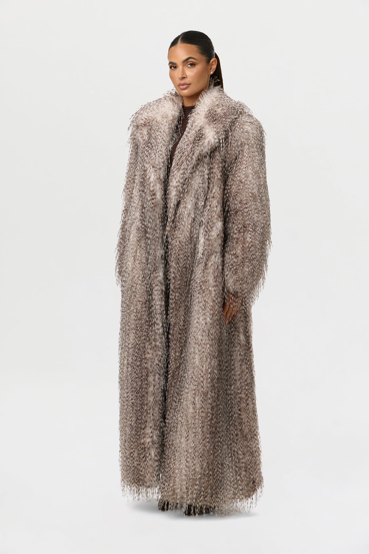 Taupe Faux Feather Plush Long Coat